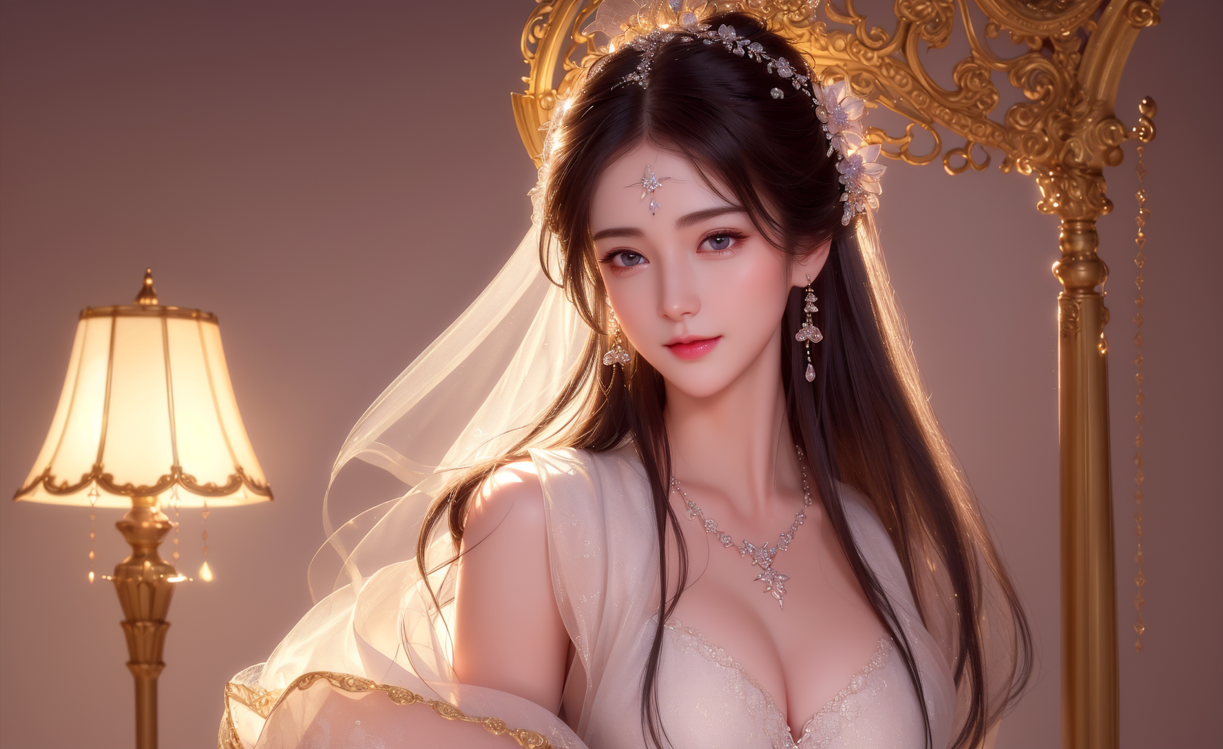 Ai Art Women Asian Necklace Tiaras Lamp Looking At Viewer Earring 1776x1088