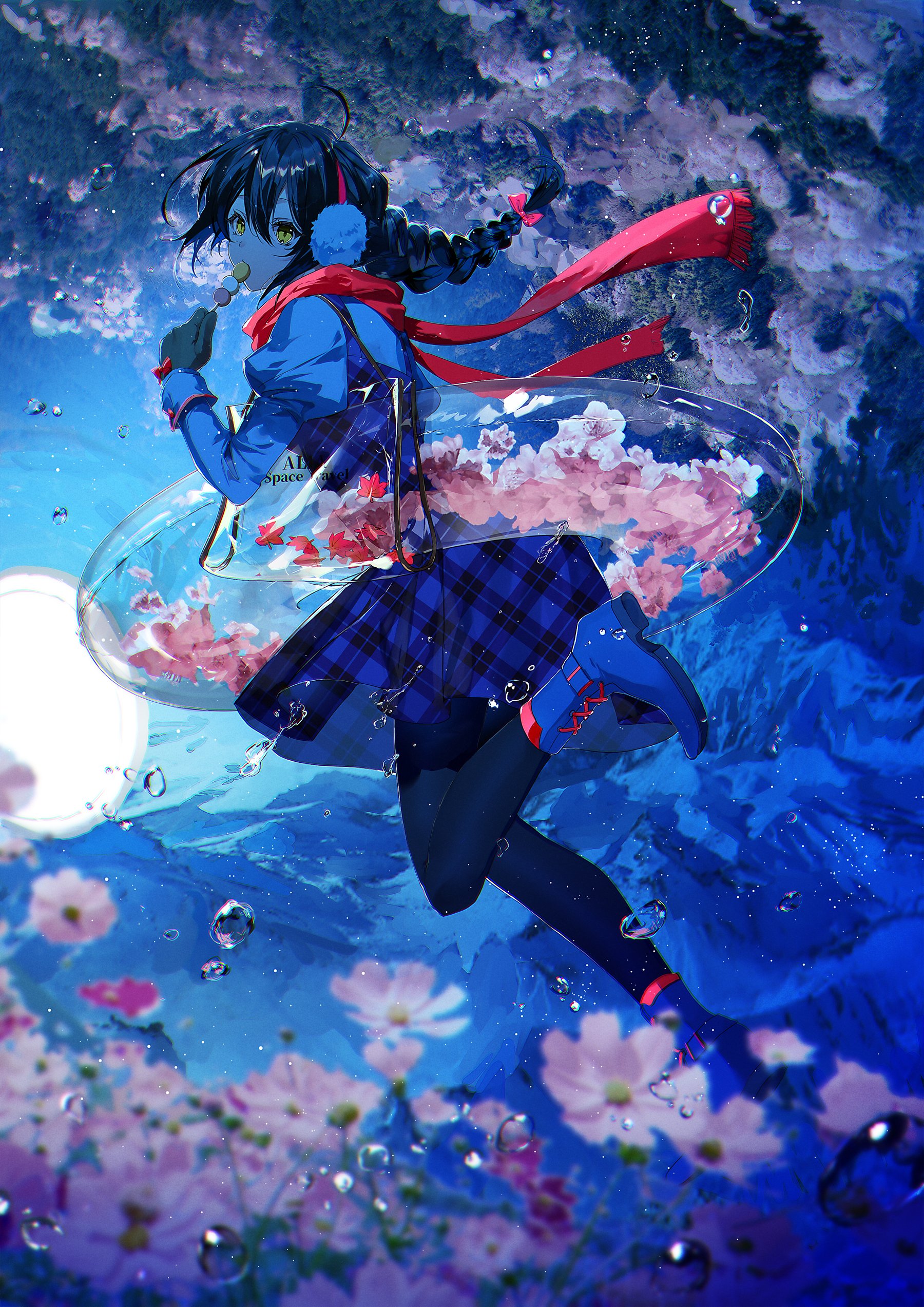 Kuga Huna Anime Girls Portrait Display Flowers Water Drops Food Looking At Viewer Black Hair Braided 1800x2546