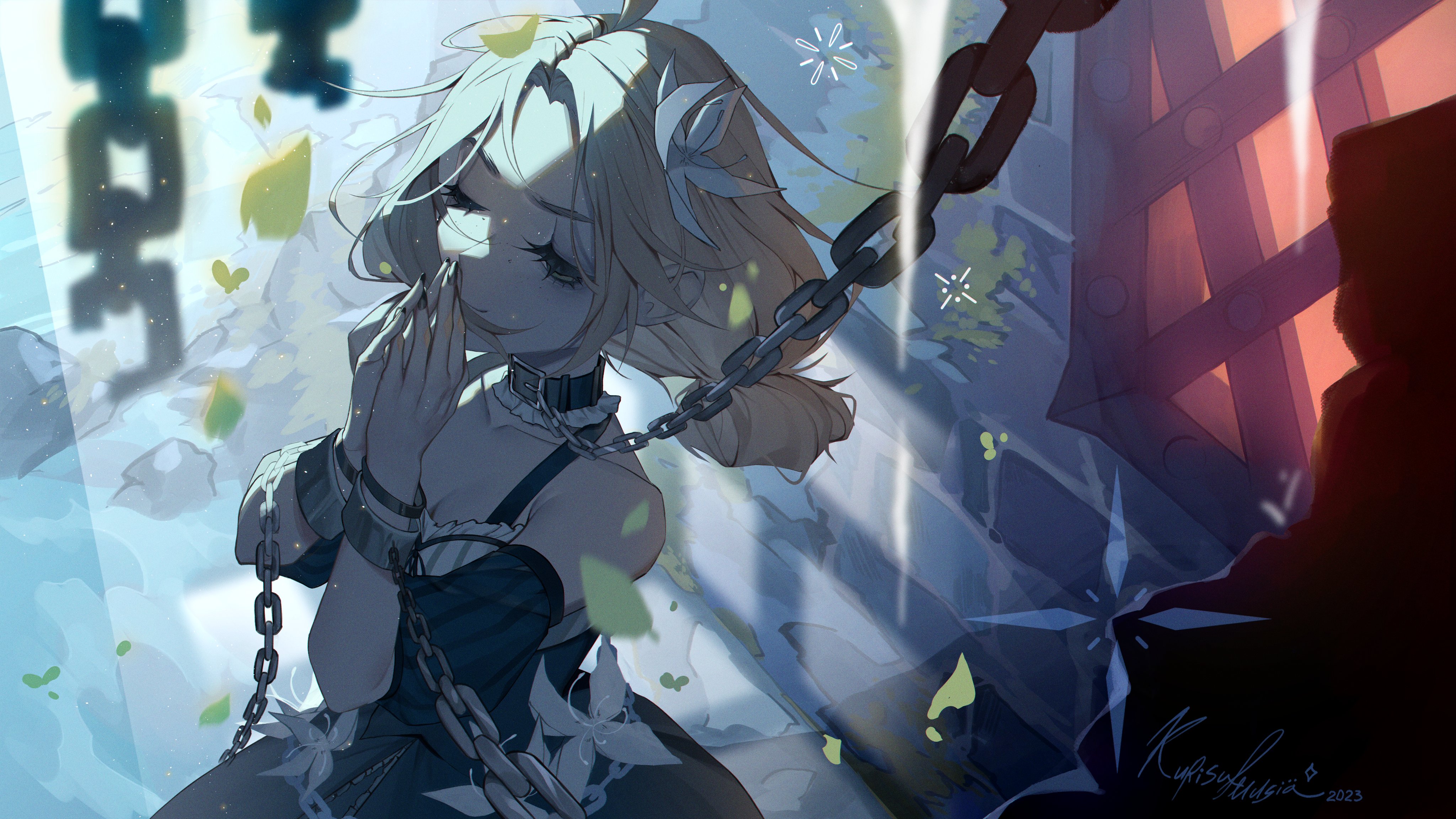 Anime Girls Chains Collar Cuffs Flowers Signature Leaves Water Blonde Smiling Dress Flower In Hair 4096x2304