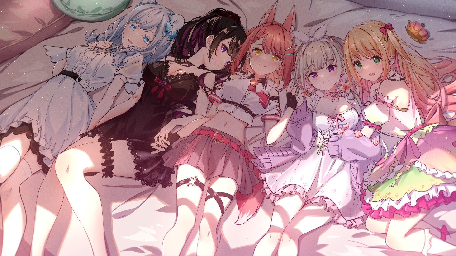 Anime Anime Girls Lying On Back Bed Gloves Fingerless Gloves Line Up Group Of Women 1920x1080