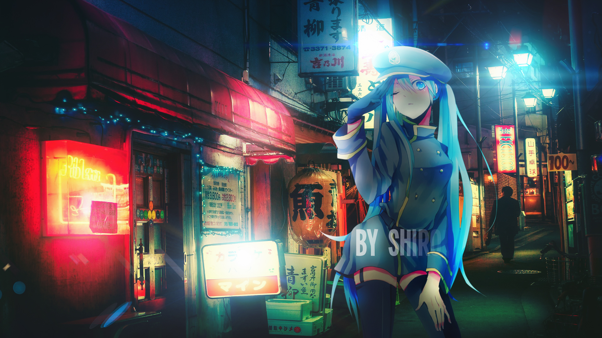 Hatsune Miku Append Anime Anime Girls Vocaloid Street Art One Eye Closed Gloves Hat Twintails Blue H 1920x1080