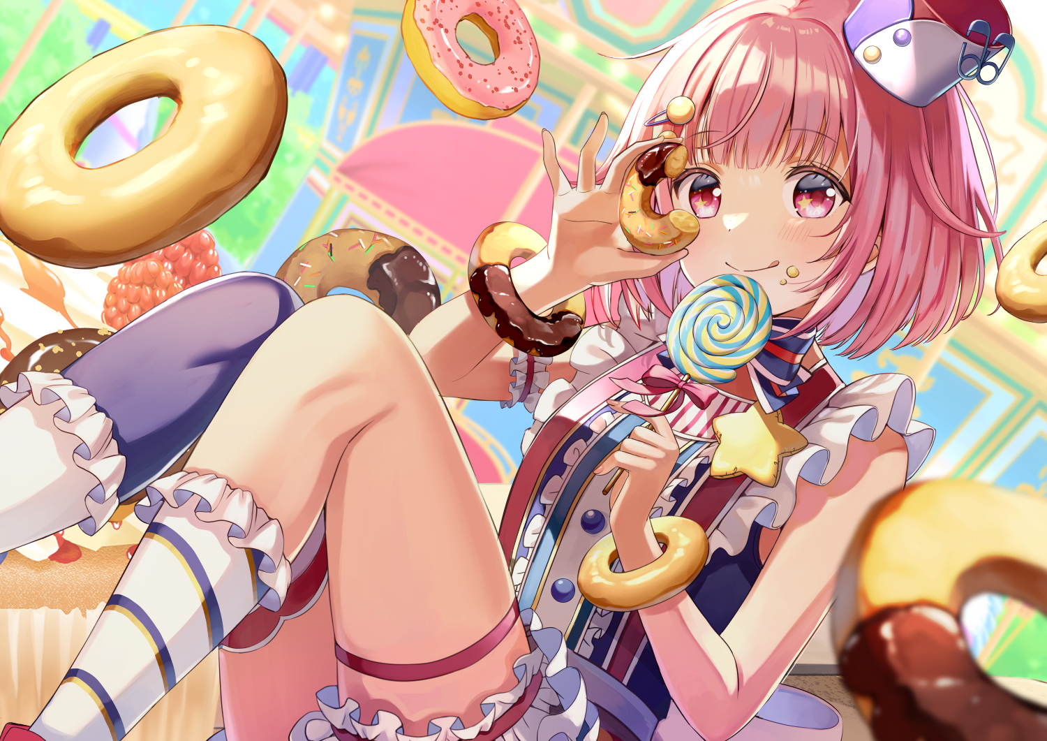 Yuuka Nonoko Anime Girls Donut Sweets Lollipop Pink Hair 1500x1061