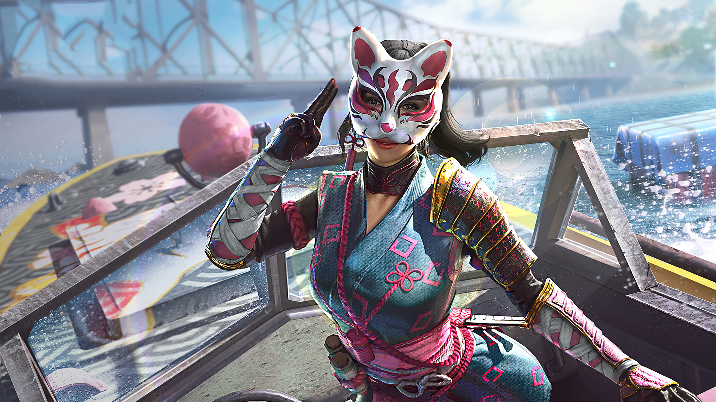 Ninja Girl Pubg Mobile Video Games Mask Looking At Viewer Video Game Art Video Game Girls Water Boat 3000x1687