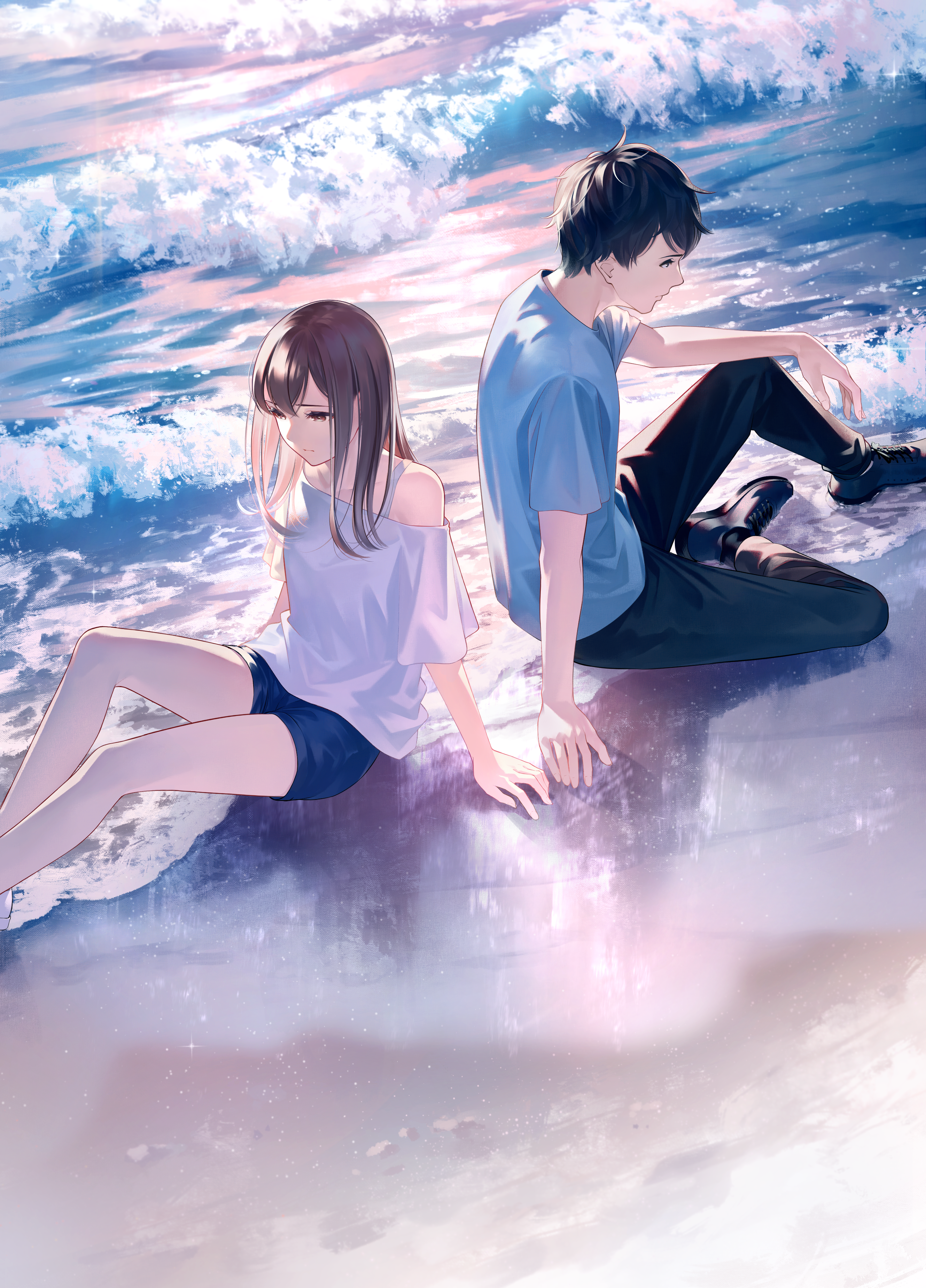 Sawasawa Vertical Anime Girls Beach Anime Boys Couple Water Water Drops Sitting Looking Away Waves B 2659x3700