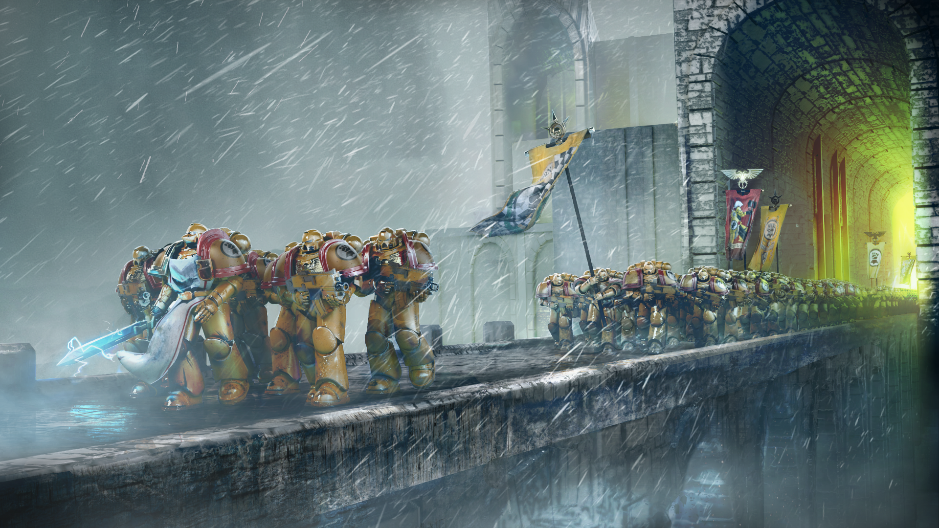 Warhammer 40 000 Imperial Fists Armor Rain Flag Sword Weapon Soldier Video Game Art 1920x1080