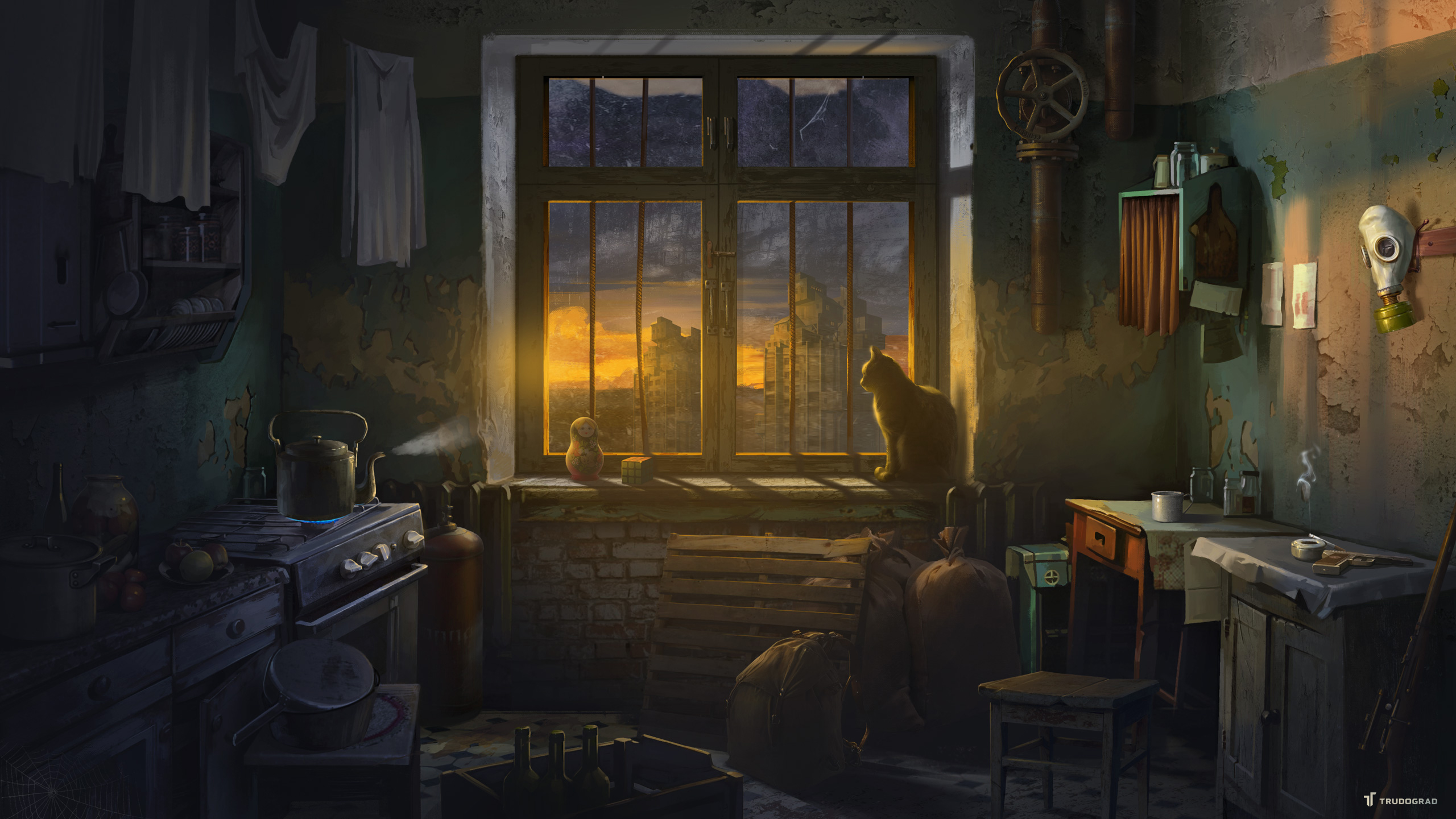 ATOM RPG RPG Doomsday Wasteland Game Trudograd Sunset Glow Cats Video Games Window Video Game Art 2560x1440