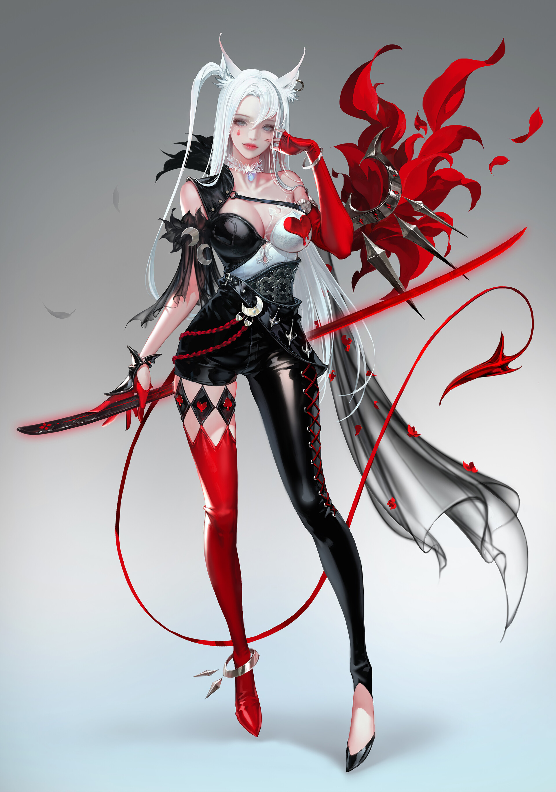 Nessi Drawing Women Silver Hair Weapon Red Black Clothing Face Paint Original Characters Simple Back 1920x2734
