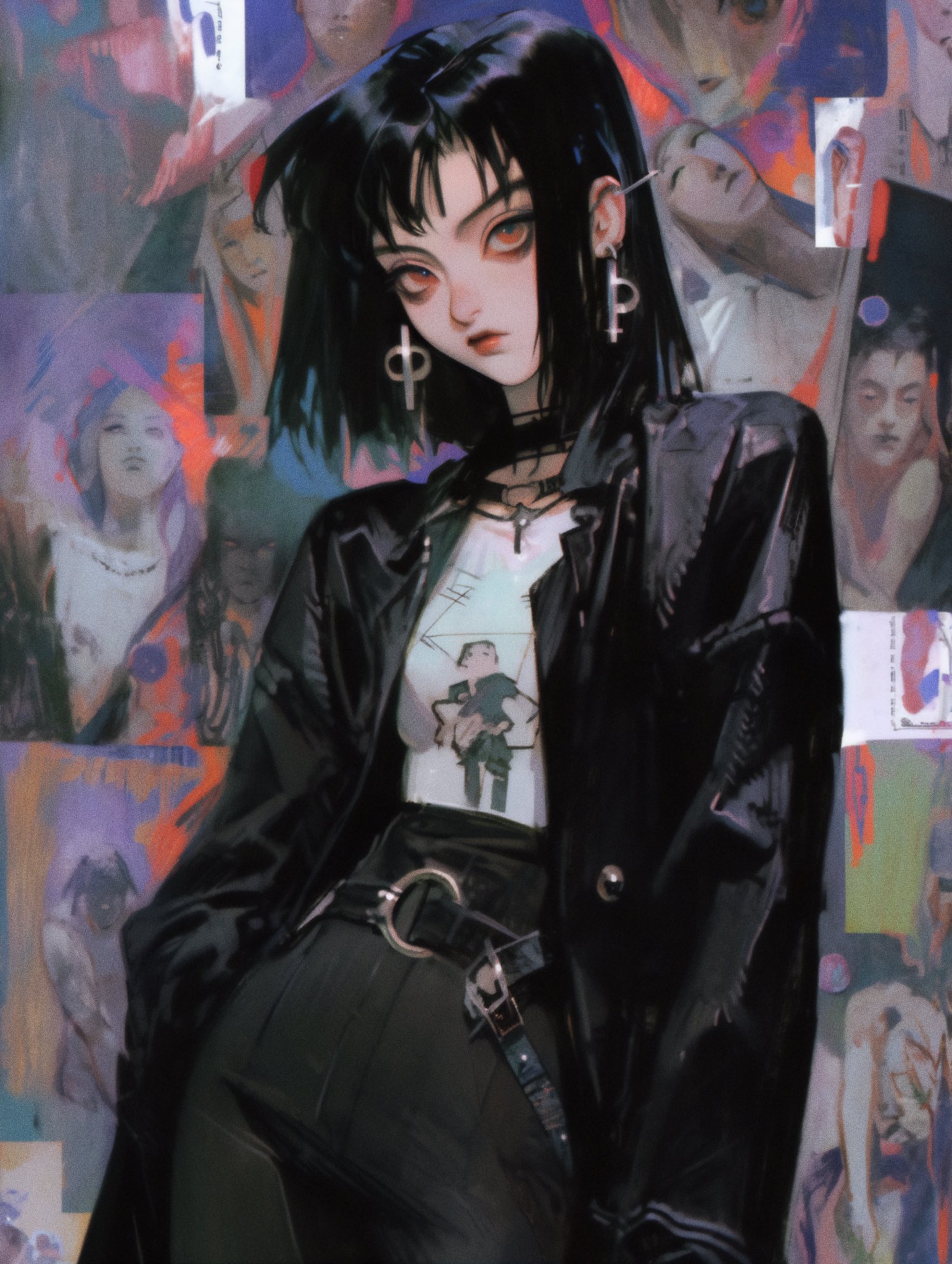 Axynchro Retro Style Anime Girls Portrait Display Earring Short Hair Looking At Viewer Jacket Black  1543x2048