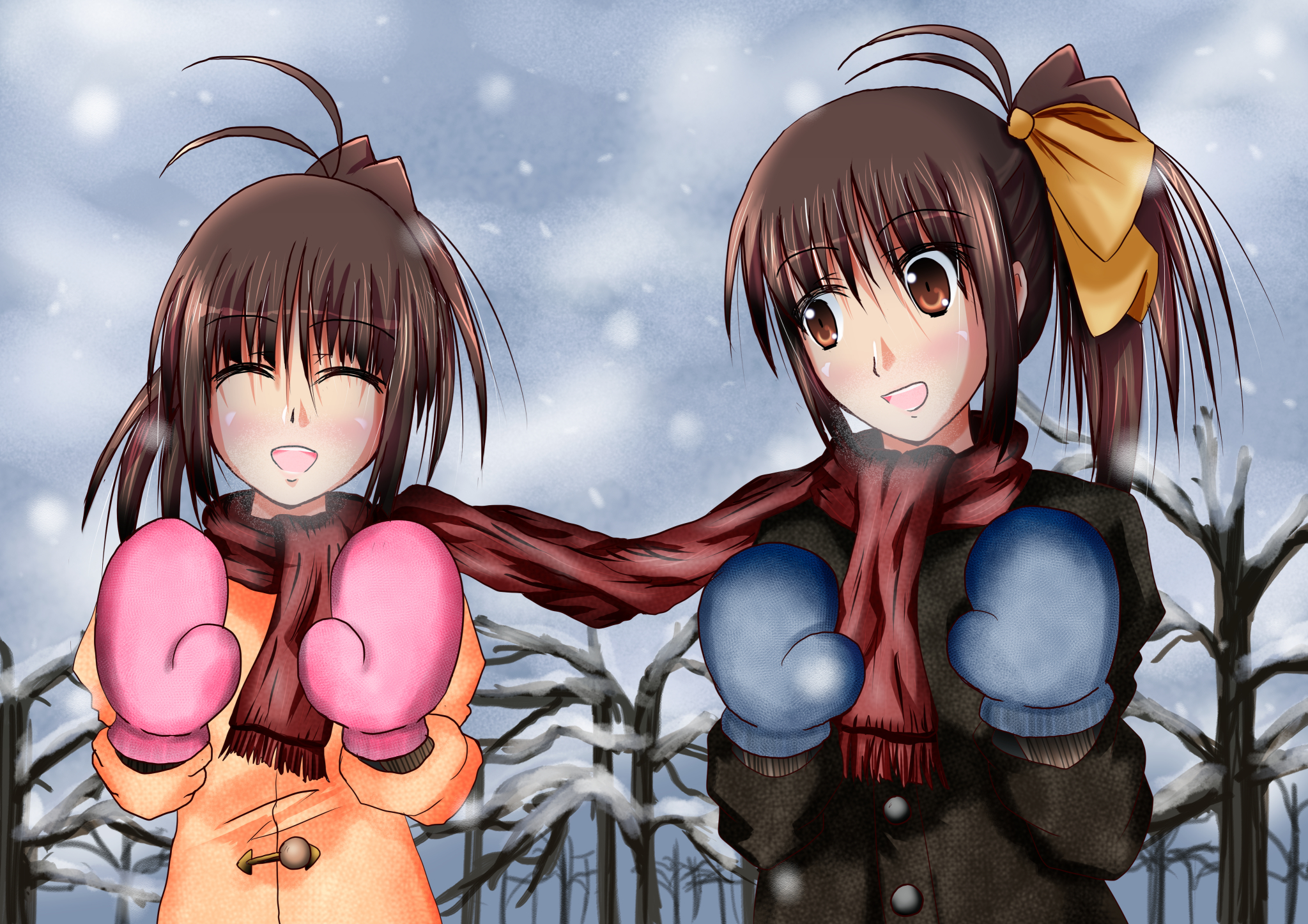 Anime Anime Girls Original Characters Ponytail Brunette Two Women Twins Artwork Digital Art Gloves C 2047x1447