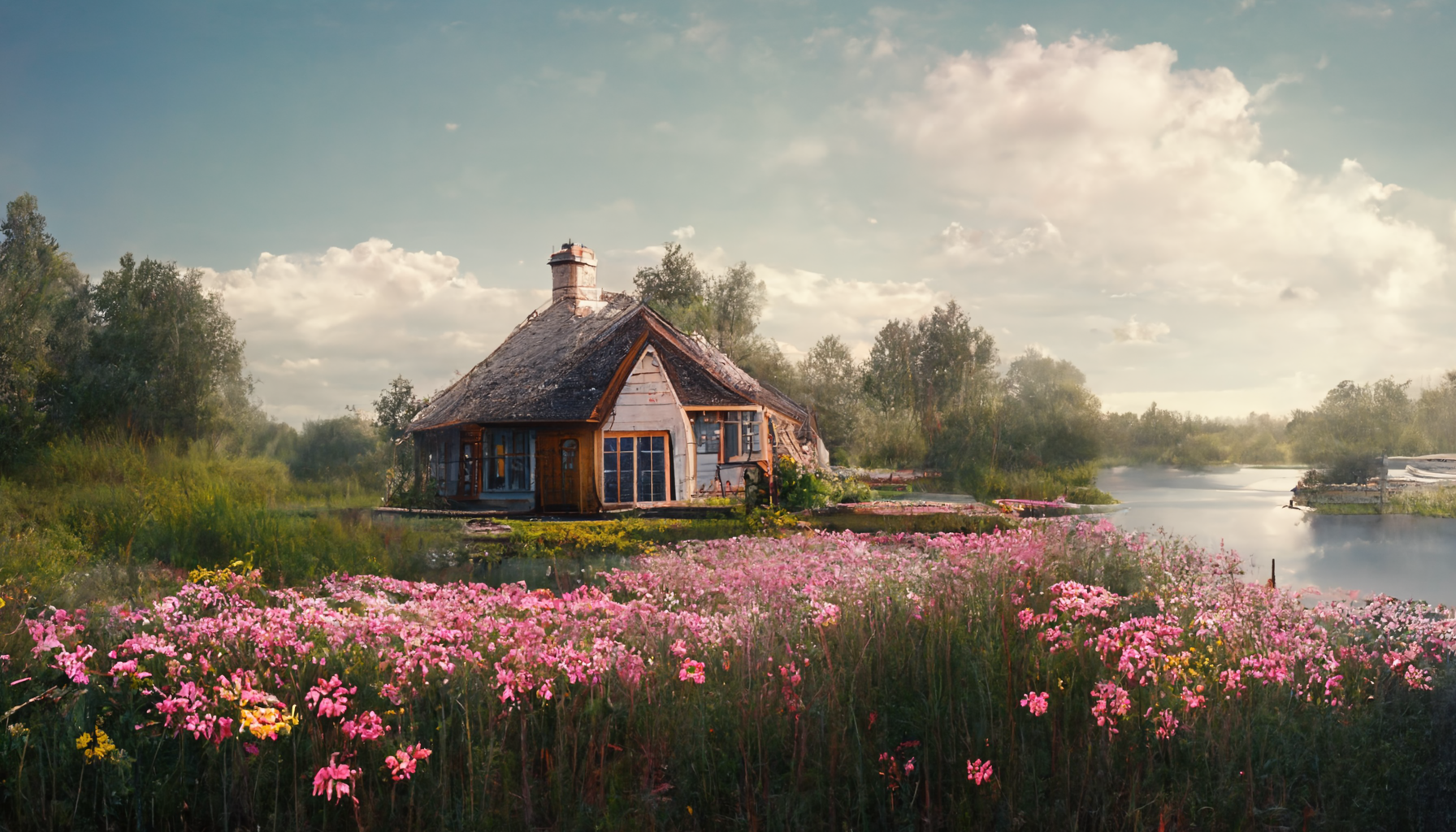 Cottage Lake House Field Flowers Sky Clouds Trees Water 1792x1024