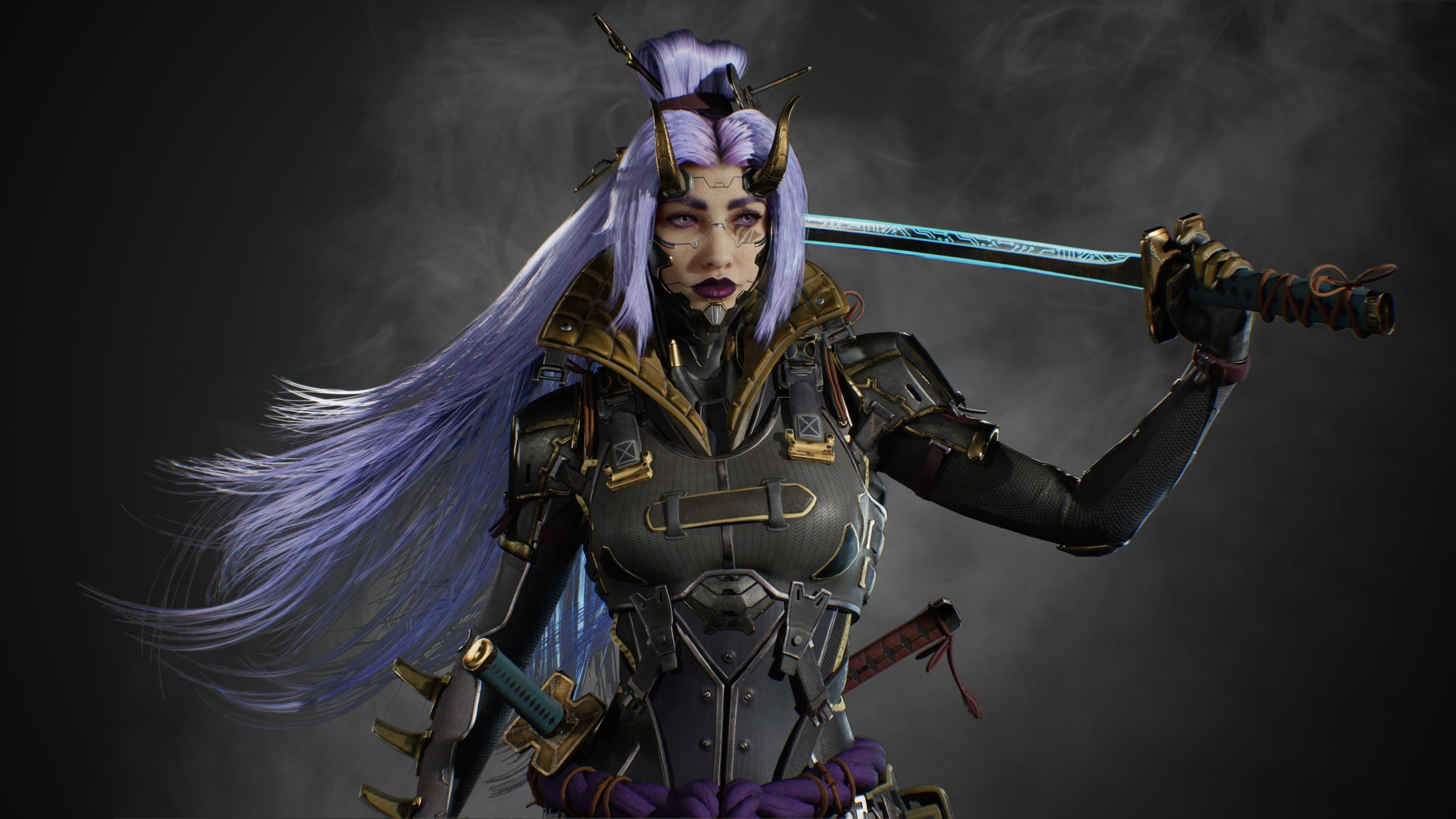 Digital Art Artwork Illustration Women Horns Sword Women With Swords Cyberpunk Samurai Katana Long H 2688x1512