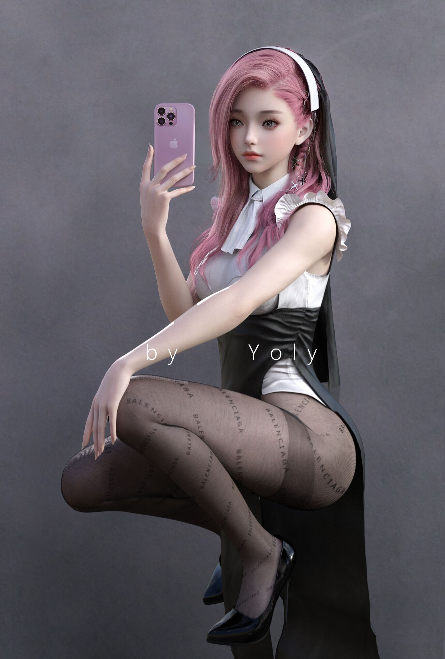 Yoly Digital Art Artwork Illustration Women Asian White Hair CGi Fantasy Girl Heels 1750x2594