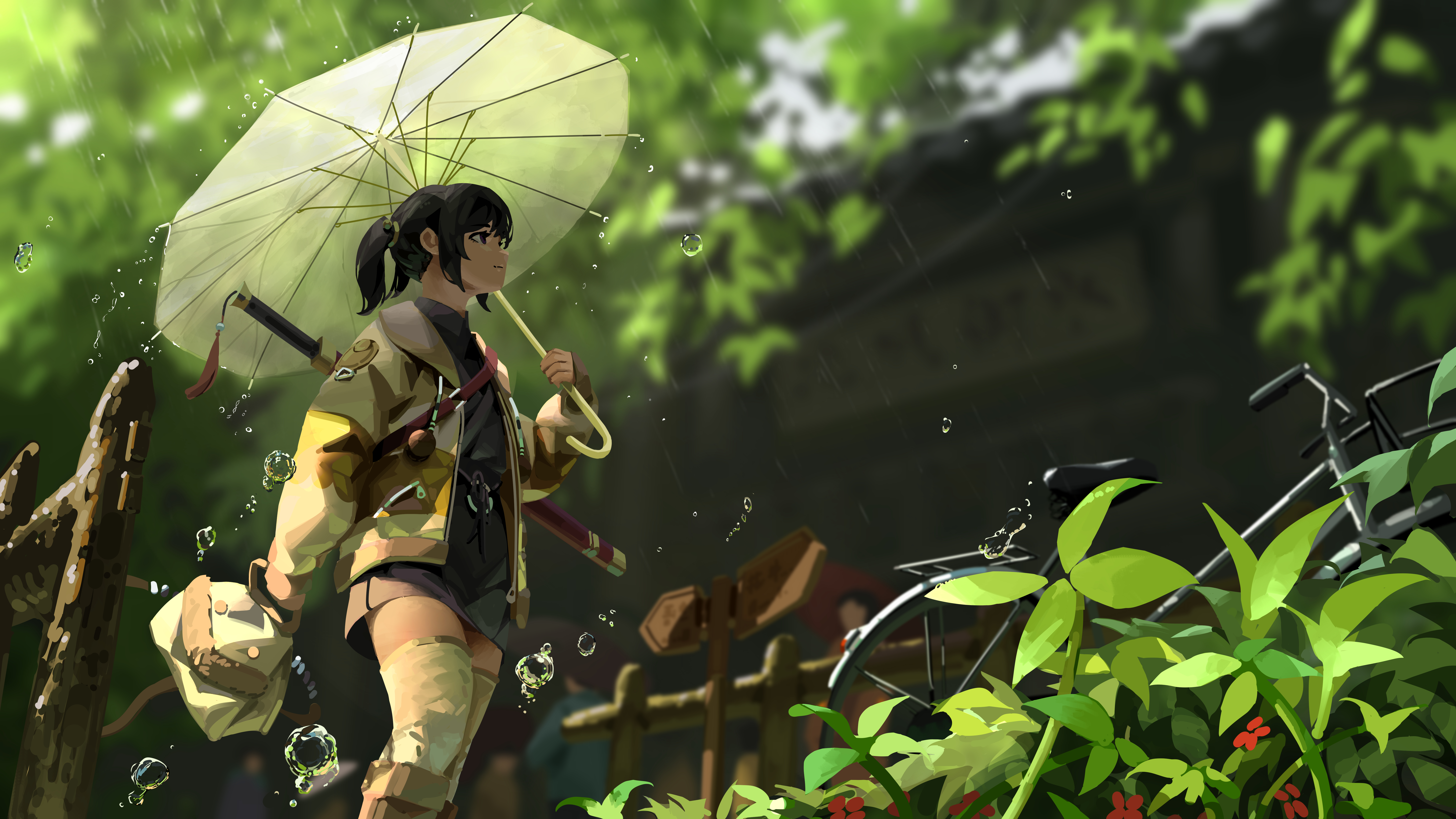 Artwork Rain Umbrella Sword Water Drops Hand Bags Green Bicycle Anime Anime Girls Plants 7680x4320