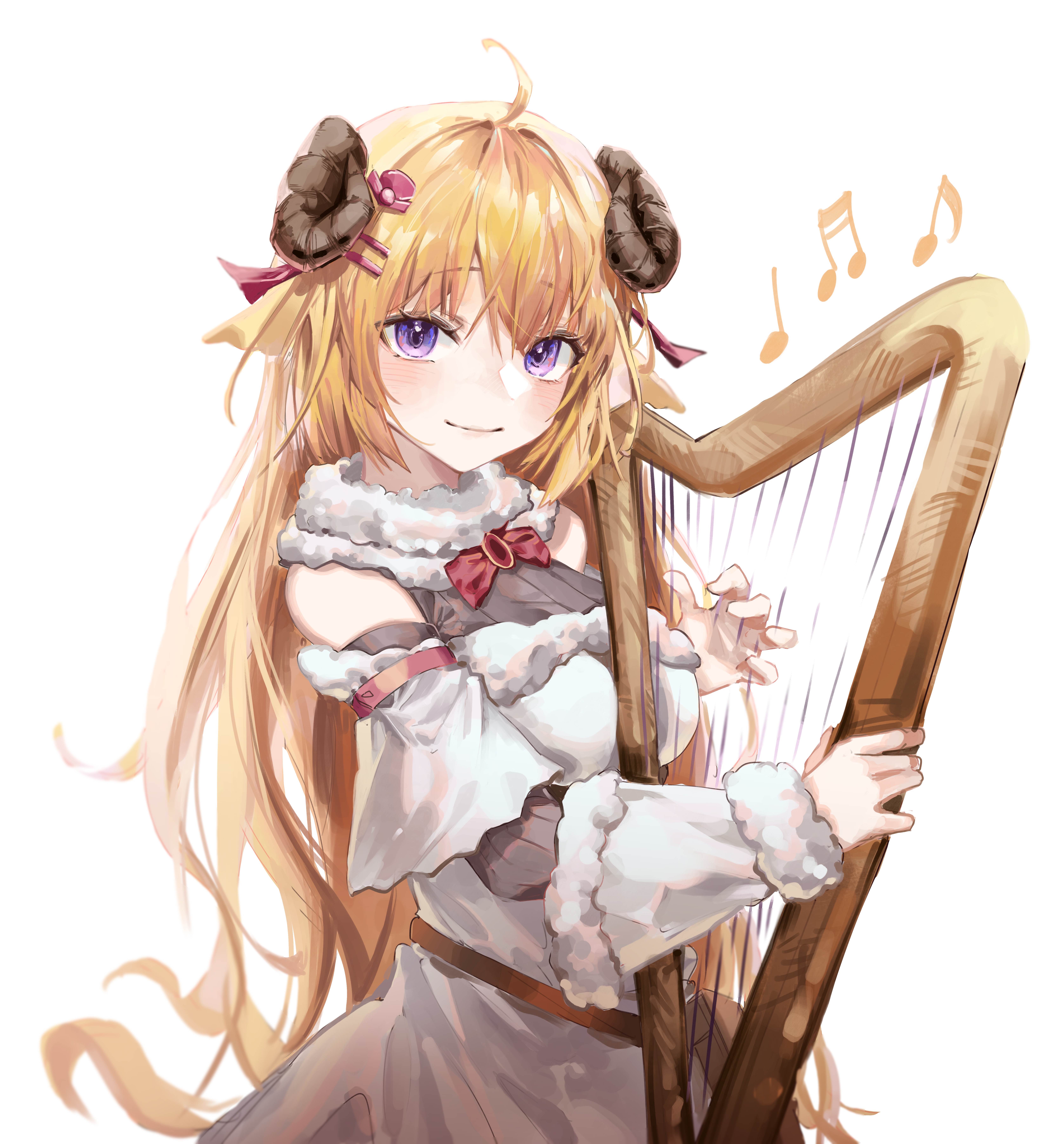 Tsunomaki Watame Hololive Anime Girls Blonde Purple Eyes Harp Musical Instrument Horns Musical Notes 6706x7212