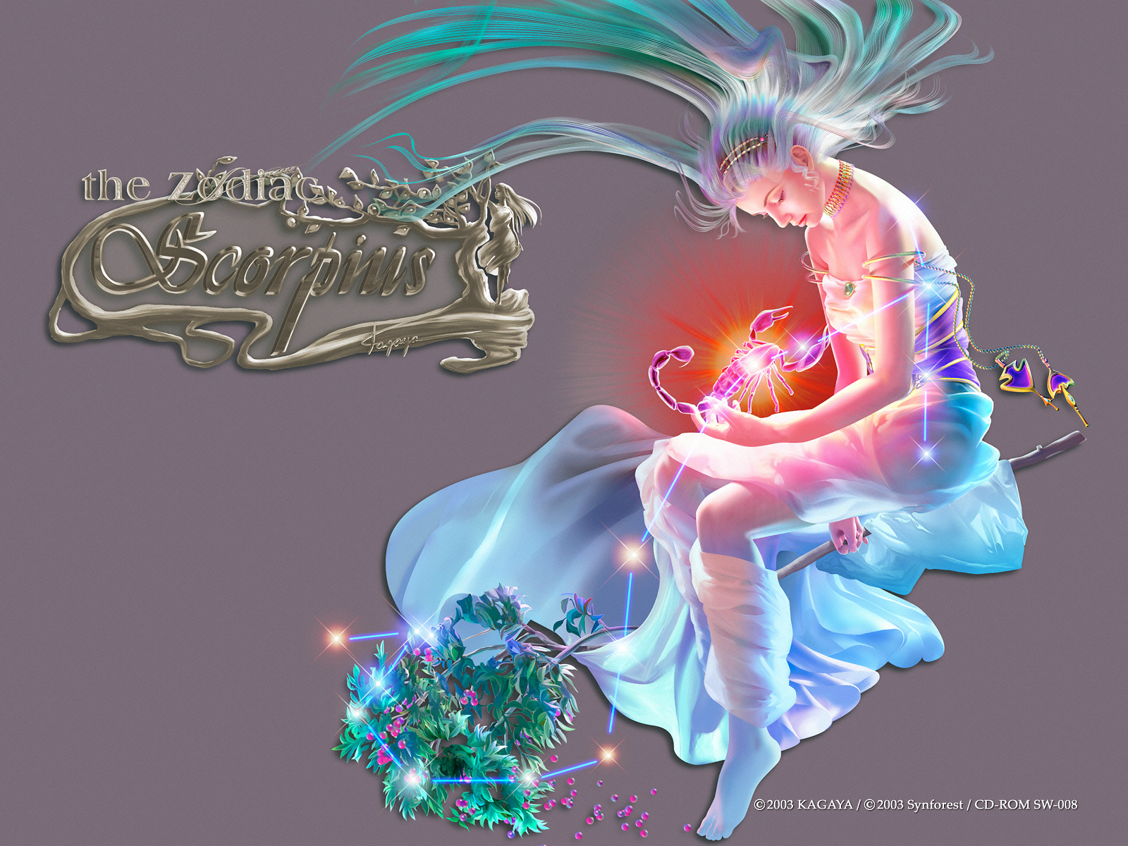 Kagaya Zodiac Constellation Scorpio Watermarked Digital Art Simple Background Stars Long Hair Dress  1600x1200