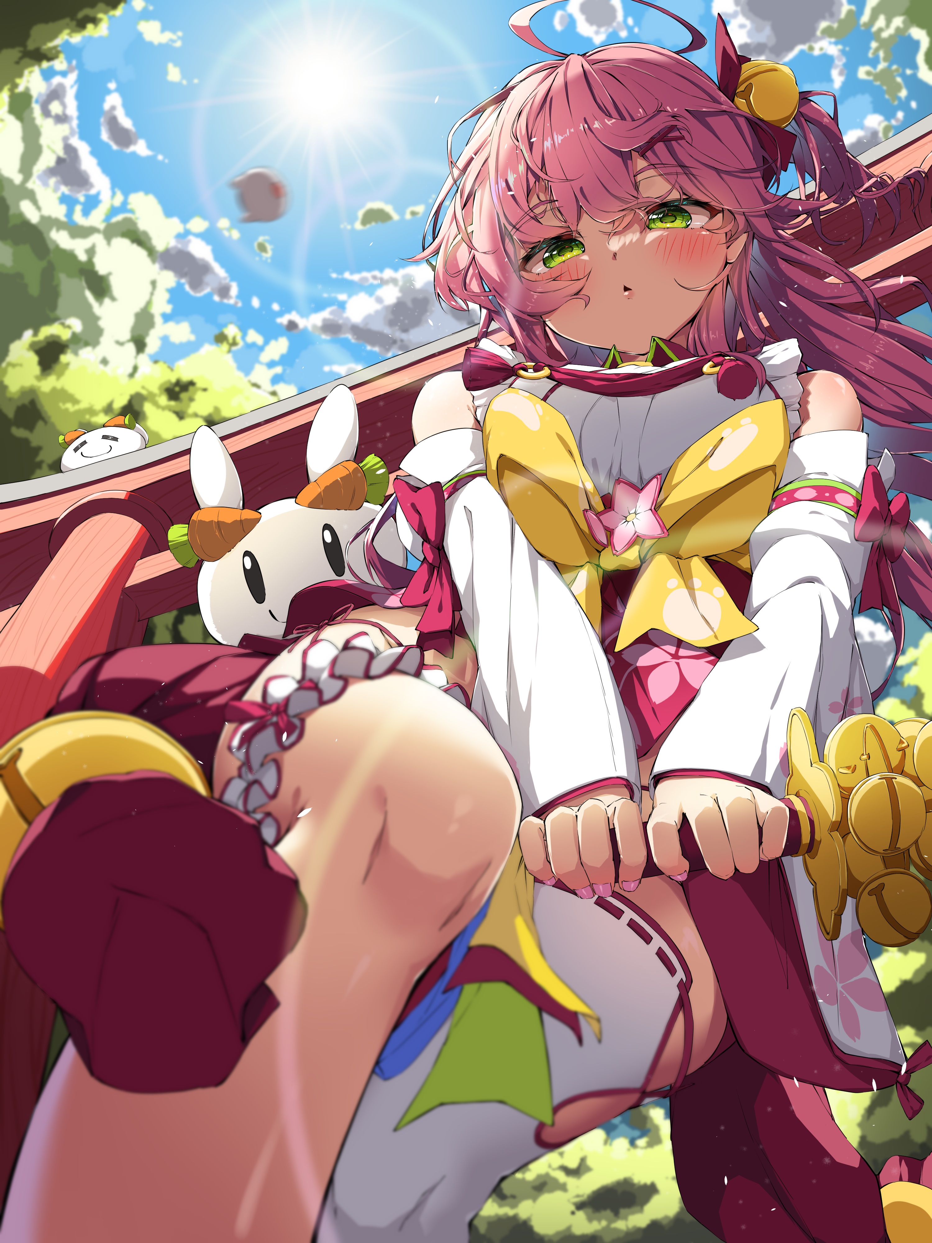 Anime Anime Girls Vertical Blushing Sun Green Eyes Pink Hair Sky Low Angle Torii Worms Eye View Bell 3000x4000