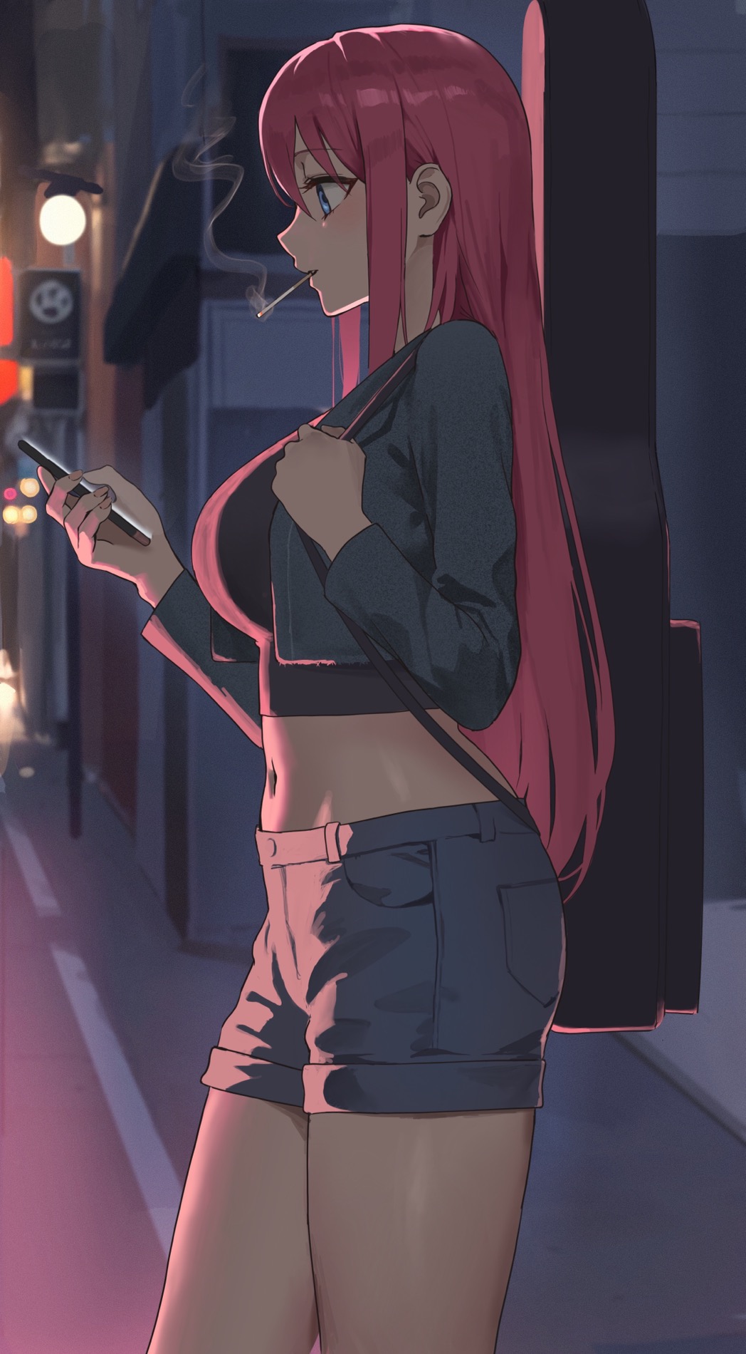 Anime Anime Girls Pixiv BOCCHi THE ROCK Gotou Hitori Pink Hair Smoking Cigarettes Looking At Smartph 1048x1900