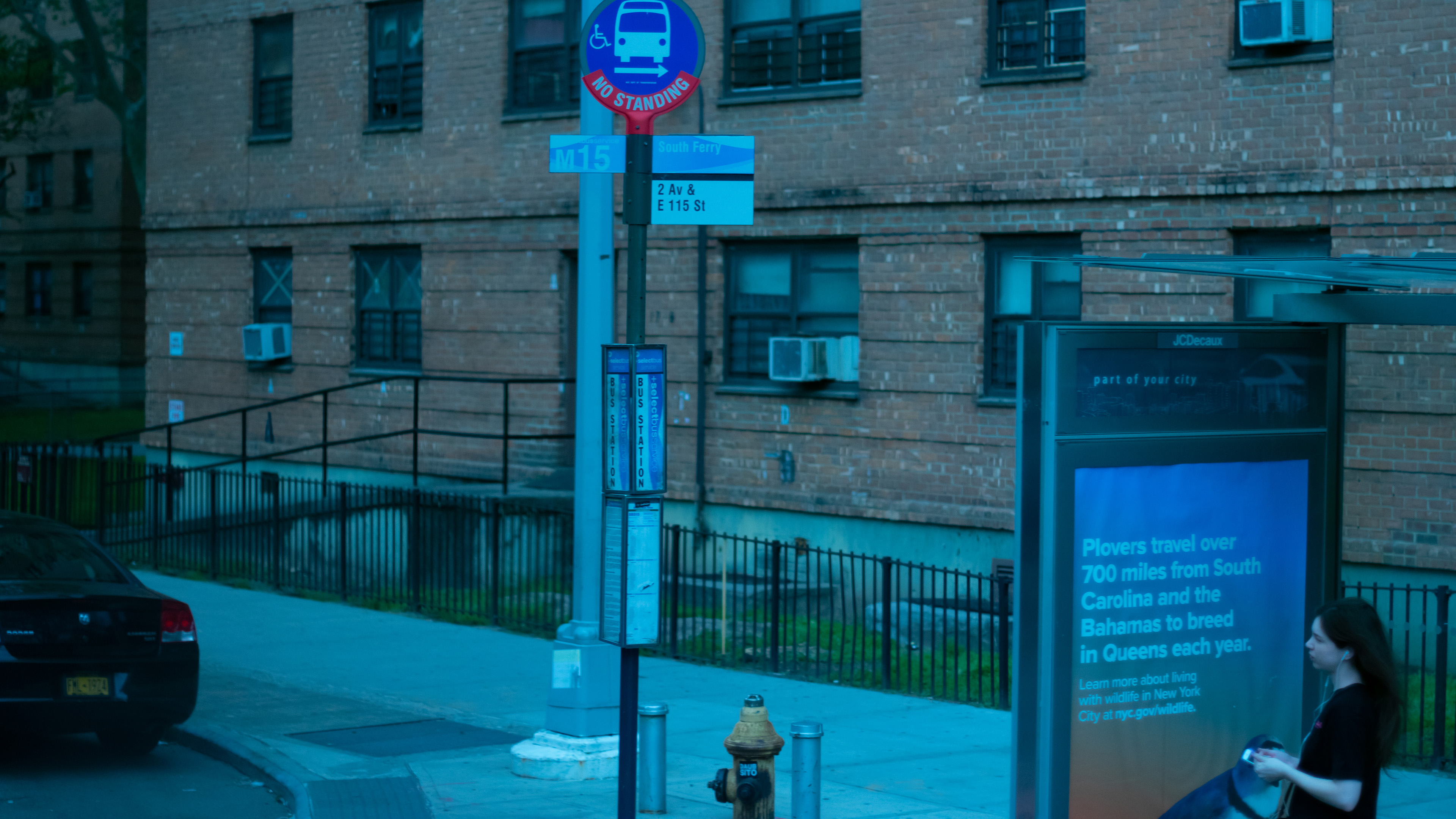 Bus Stop New York City Road Sign Fire Hydrants Bricks Handrail Sidewalks Headphones Sign 3840x2160