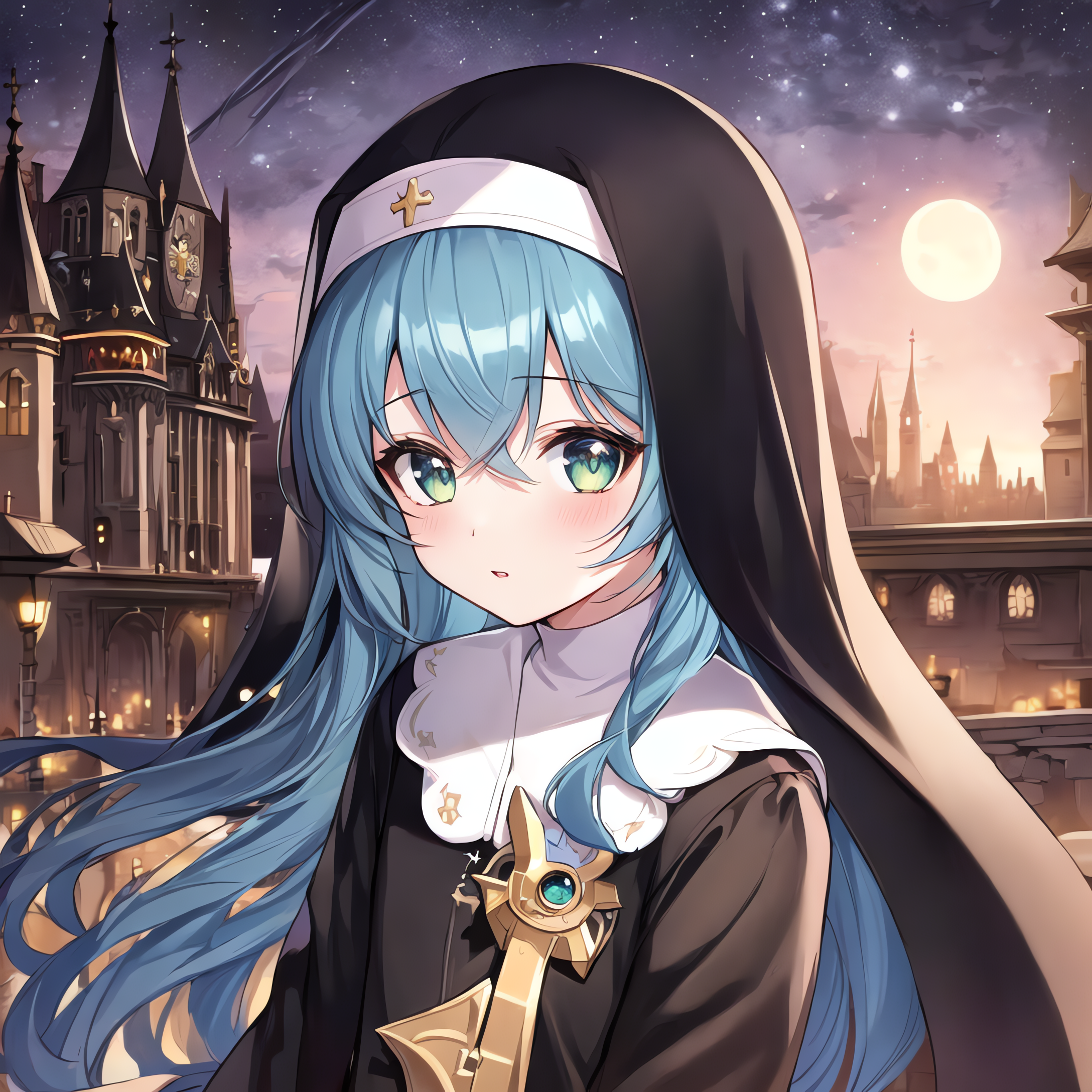 Anime Anime Girls Original Characters Artwork Digital Art Ai Art Vertical Nuns Nun Outfit Moon Stars 2176x2176