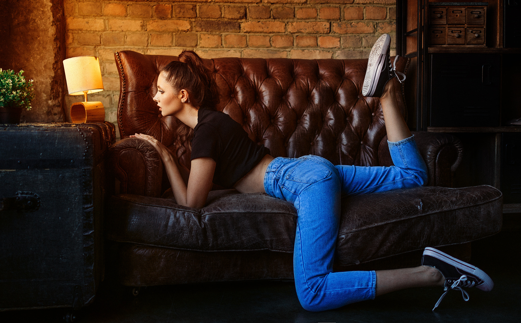 Vladimir Stefanovich Women Brunette Profile Jeans Sneakers Couch Warm 2048x1270