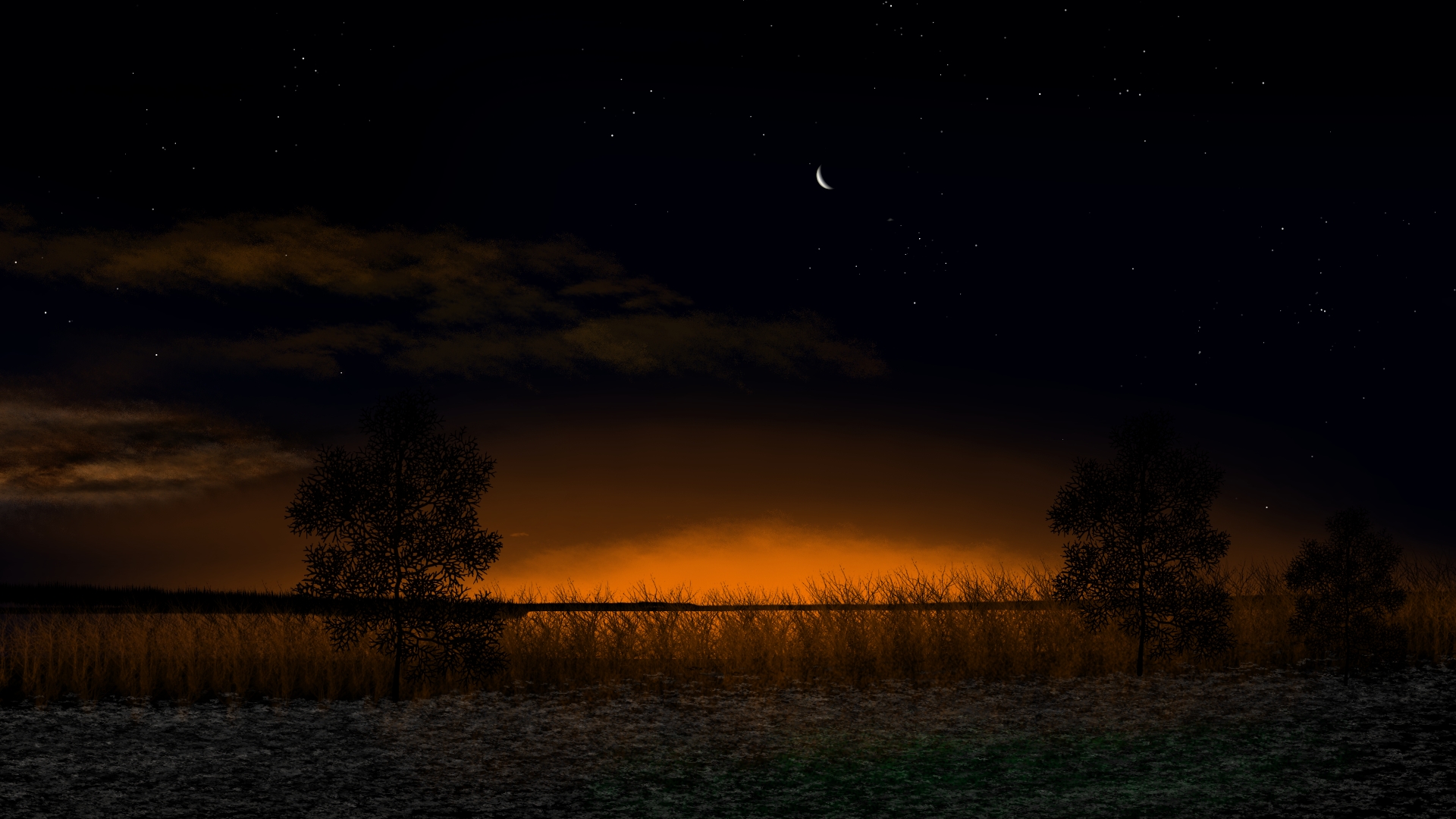 Digital Painting Digital Art Landscape Nature Twilight Night Stars Starry Night Moon Crescent Moon T 1920x1080
