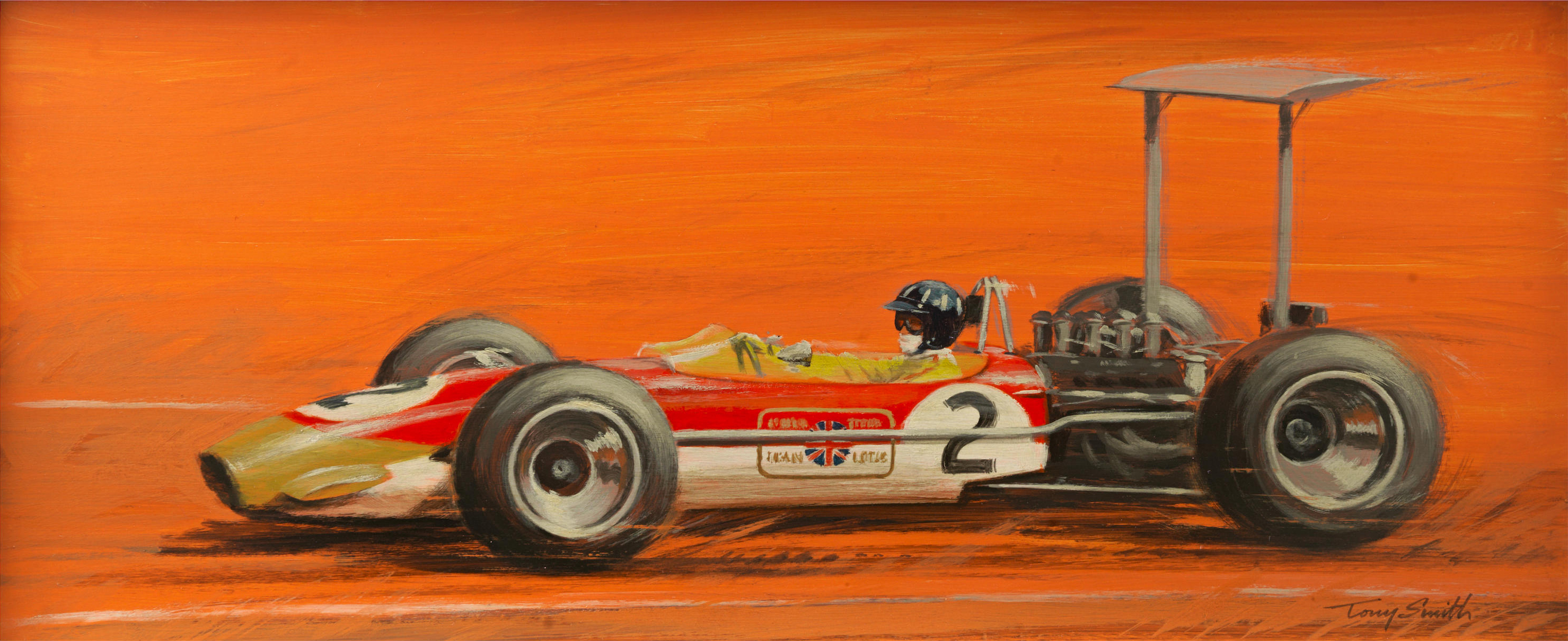 Formula Cars Painting Oil Painting Graham Hill 1968 Lotus 49B High Wing Tony Smith Artwork Side View 2958x1210
