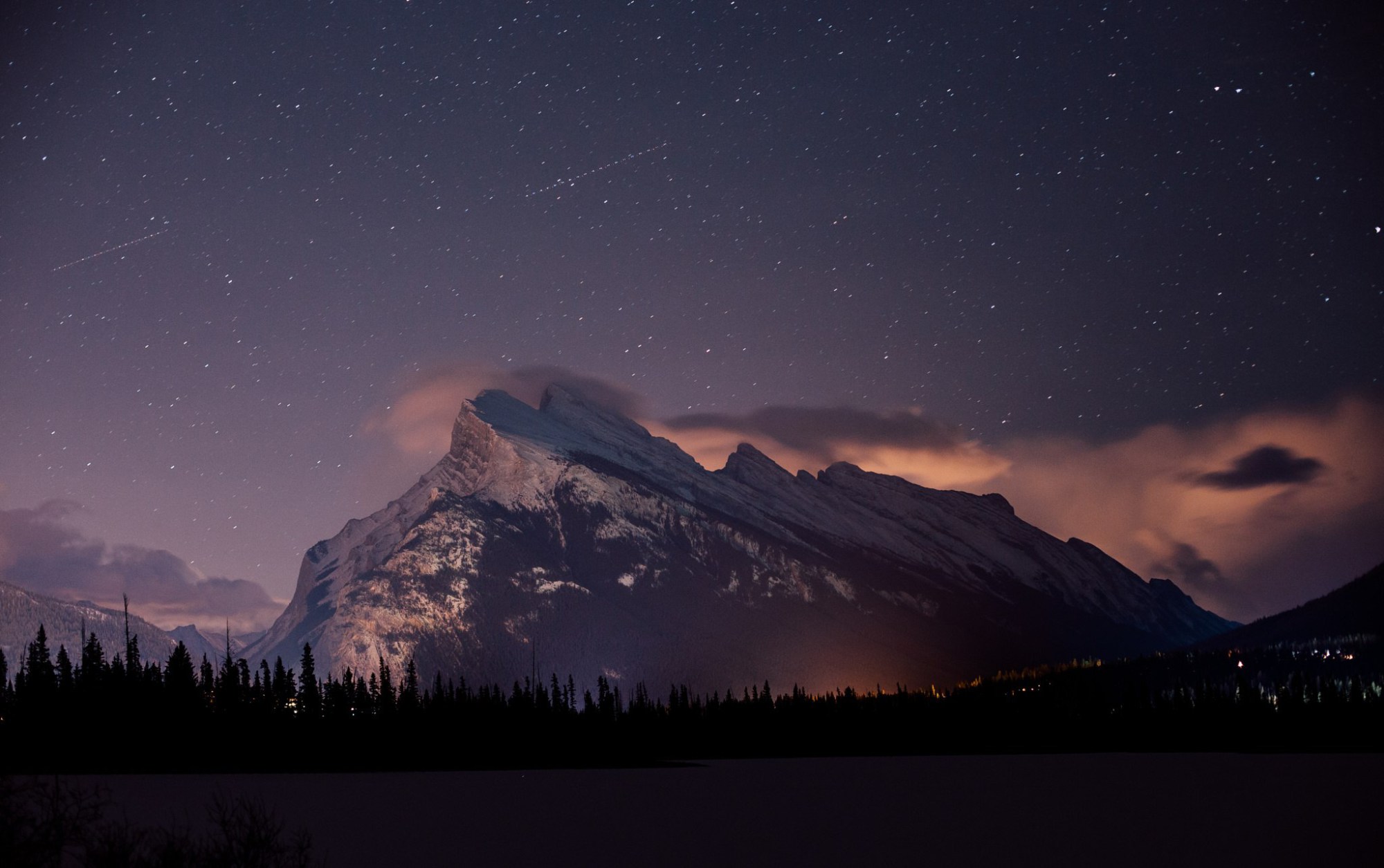 Mountains Snowy Peak Stars Clouds Forest Night Long Exposure 2000x1255