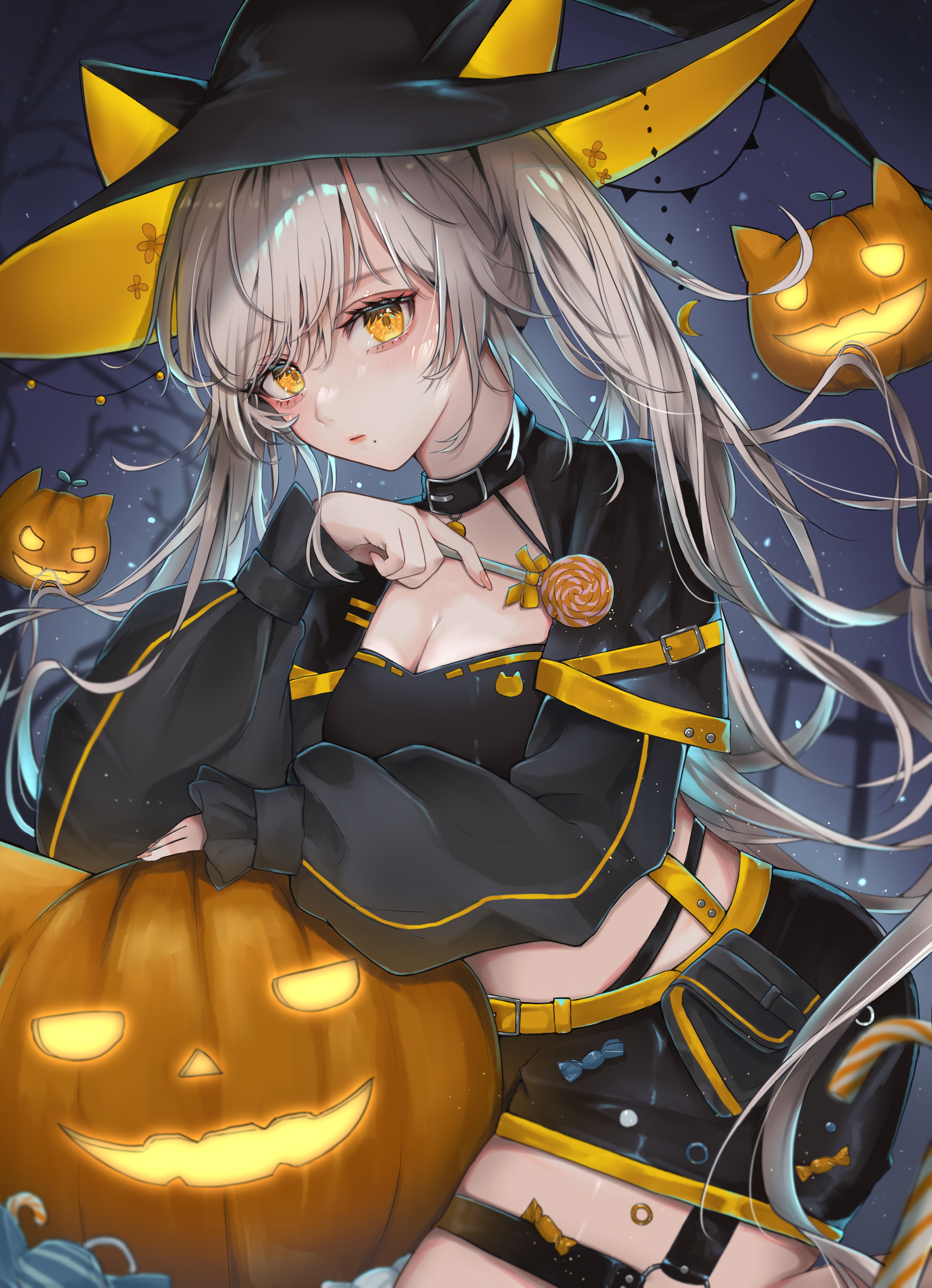 Anime Anime Girls Witch Witch Hat Hat Women With Hats Halloween Yellow Eyes Pumpkin Food Sweets Loll 2772x3832