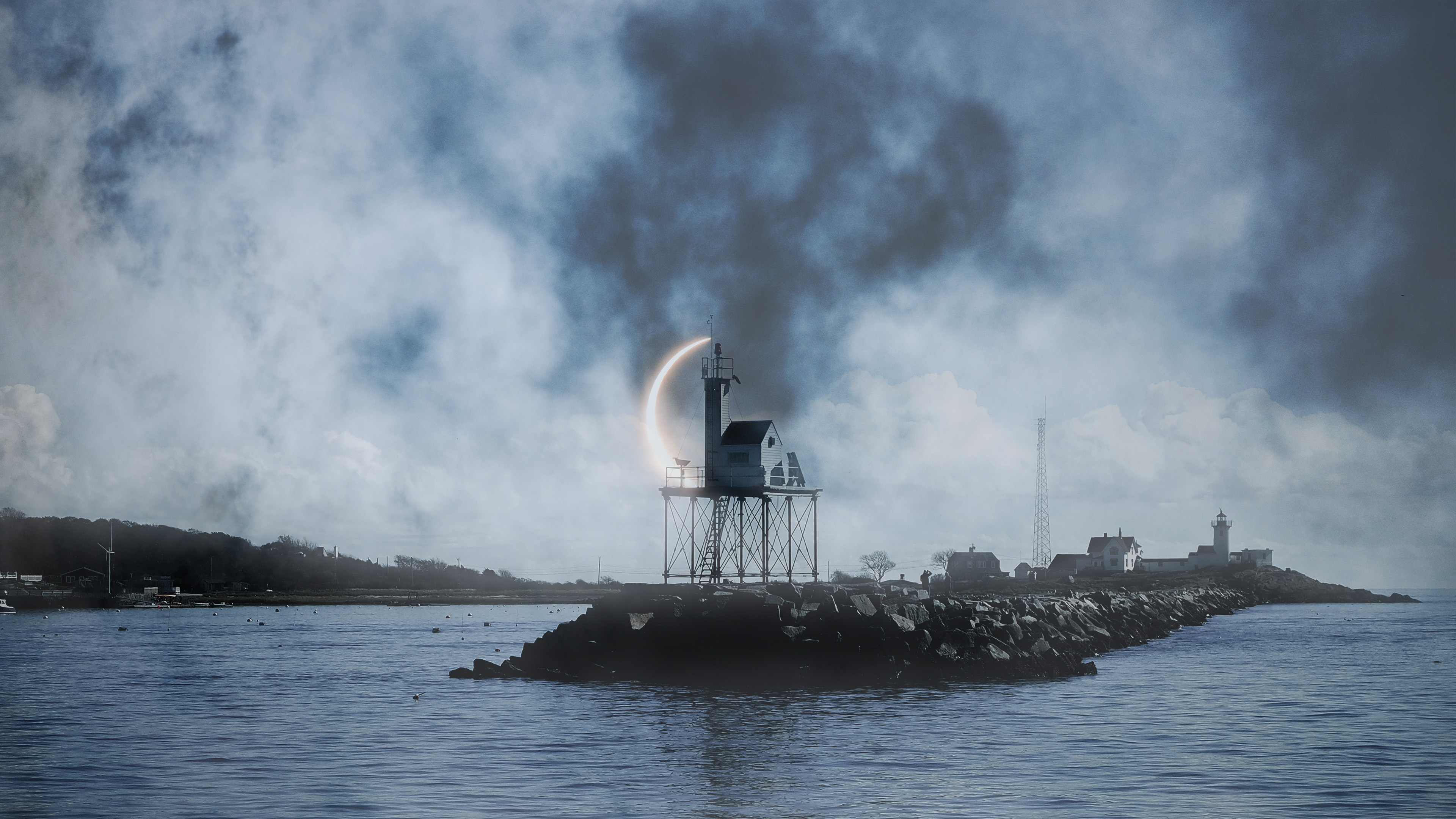 Jessica Barton A Coast Moon Crescent Moon Lighthouse Water 3840x2160