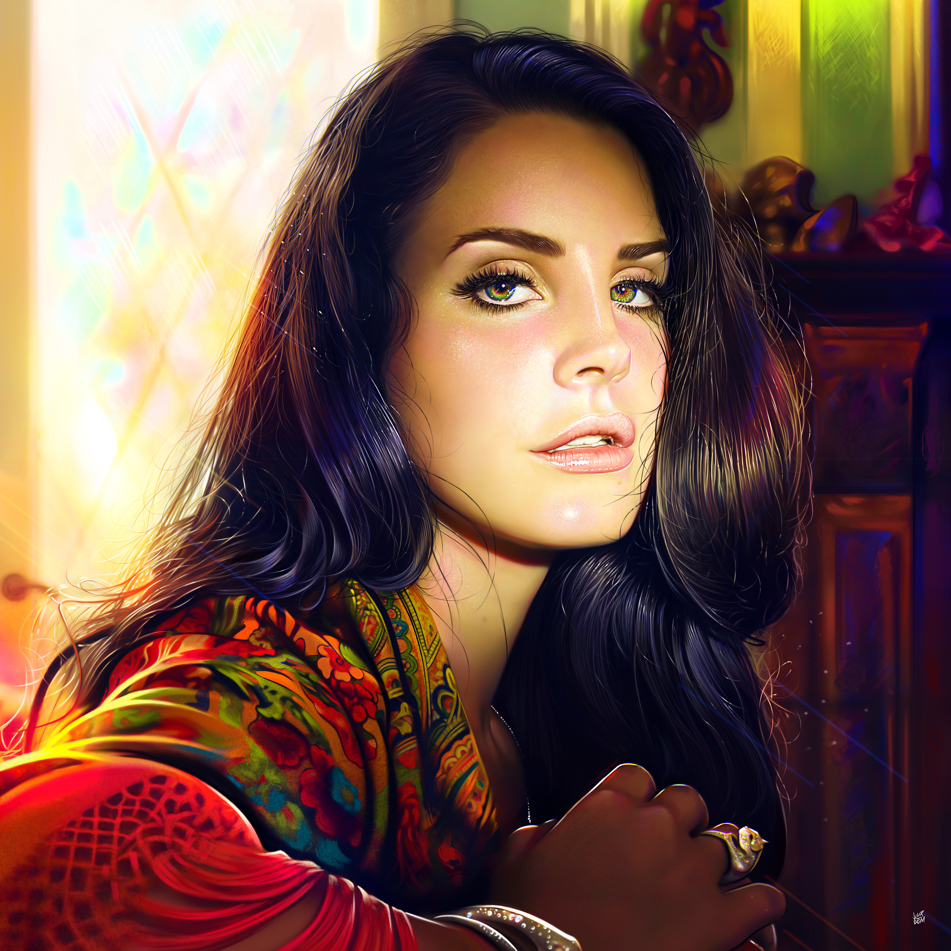 Ya Ar Vurdem Digital Art Artwork Portrait Women Singer Lana Del Rey Long Hair Dark Hair Sunlight Loo 3840x3840