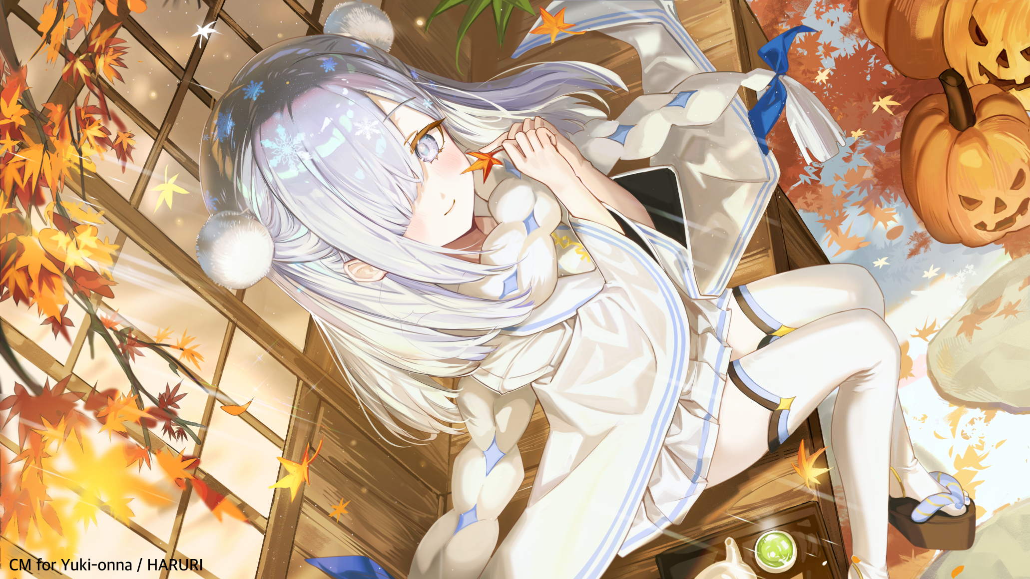 Anime Anime Girls Hair Over One Eye Leaves Smiling Blushing Pumpkin Sitting Looking At Viewer Waterm 2062x1160