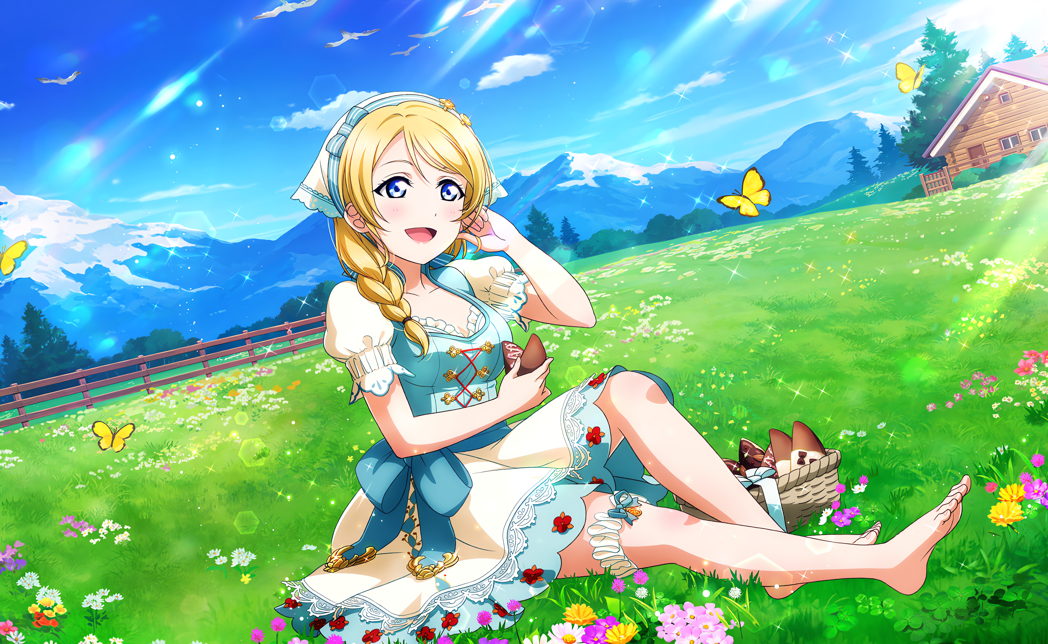 Ayase Eli Love Live Anime Anime Girls Sunlight Mountains Snow Flowers Grass Butterfly Insect Open Mo 4096x2520