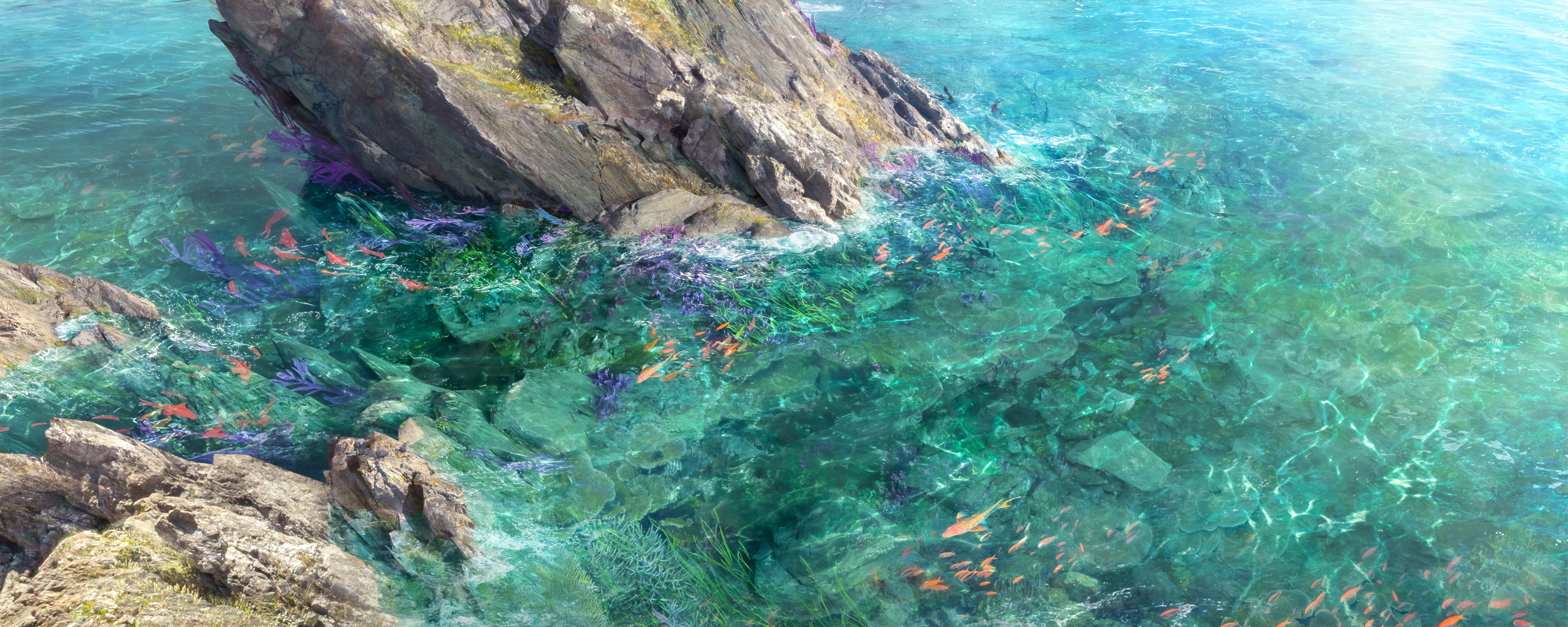 Artwork Digital Art River Fish Rocks Nature Water 3840x1536