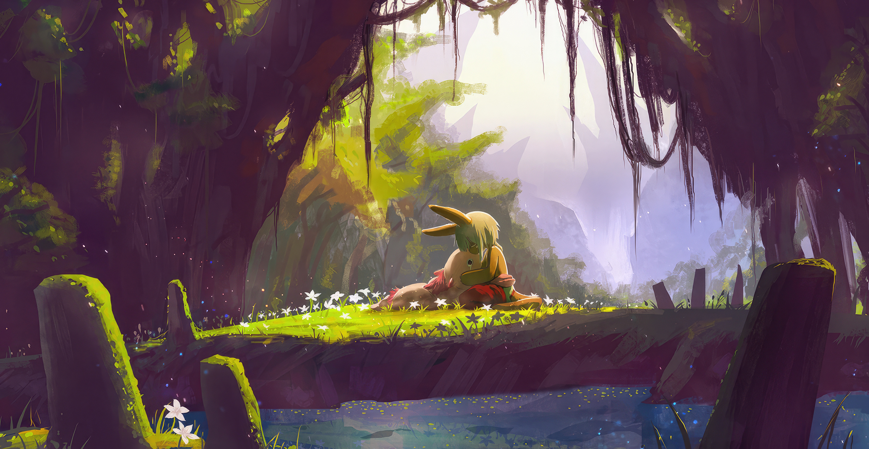 Digital Art Made In Abyss Nanachi Made In Abyss Mitty Made In Abyss Hugging Grass Water Trees Flower 3000x1550