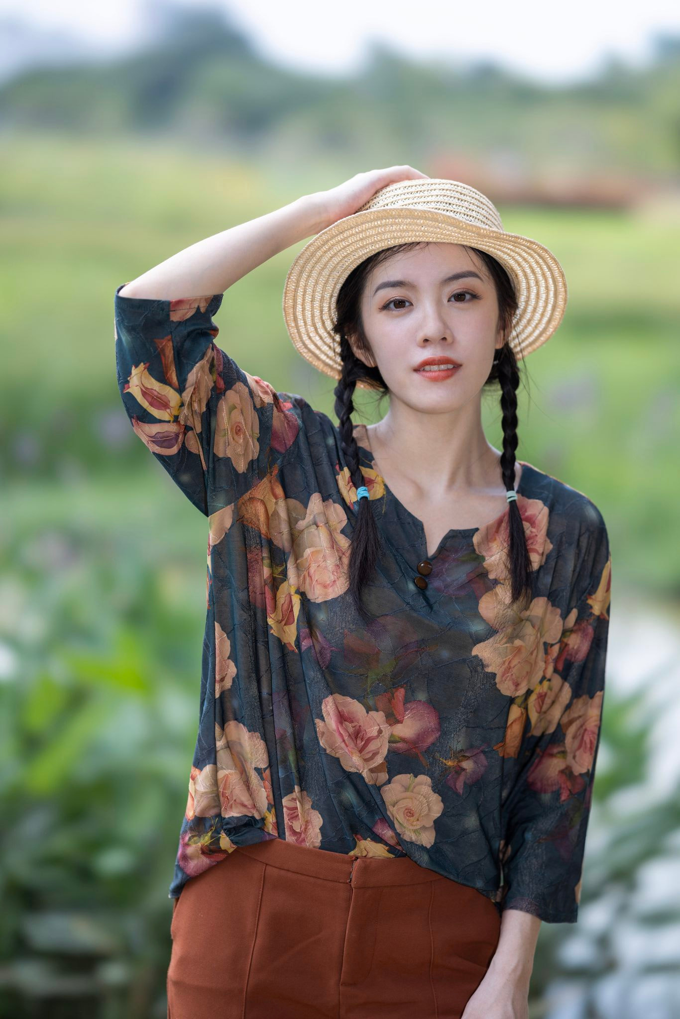 Three Portraits Studio Women Hat Asian Makeup Twintails Braids Casual Field 1366x2048