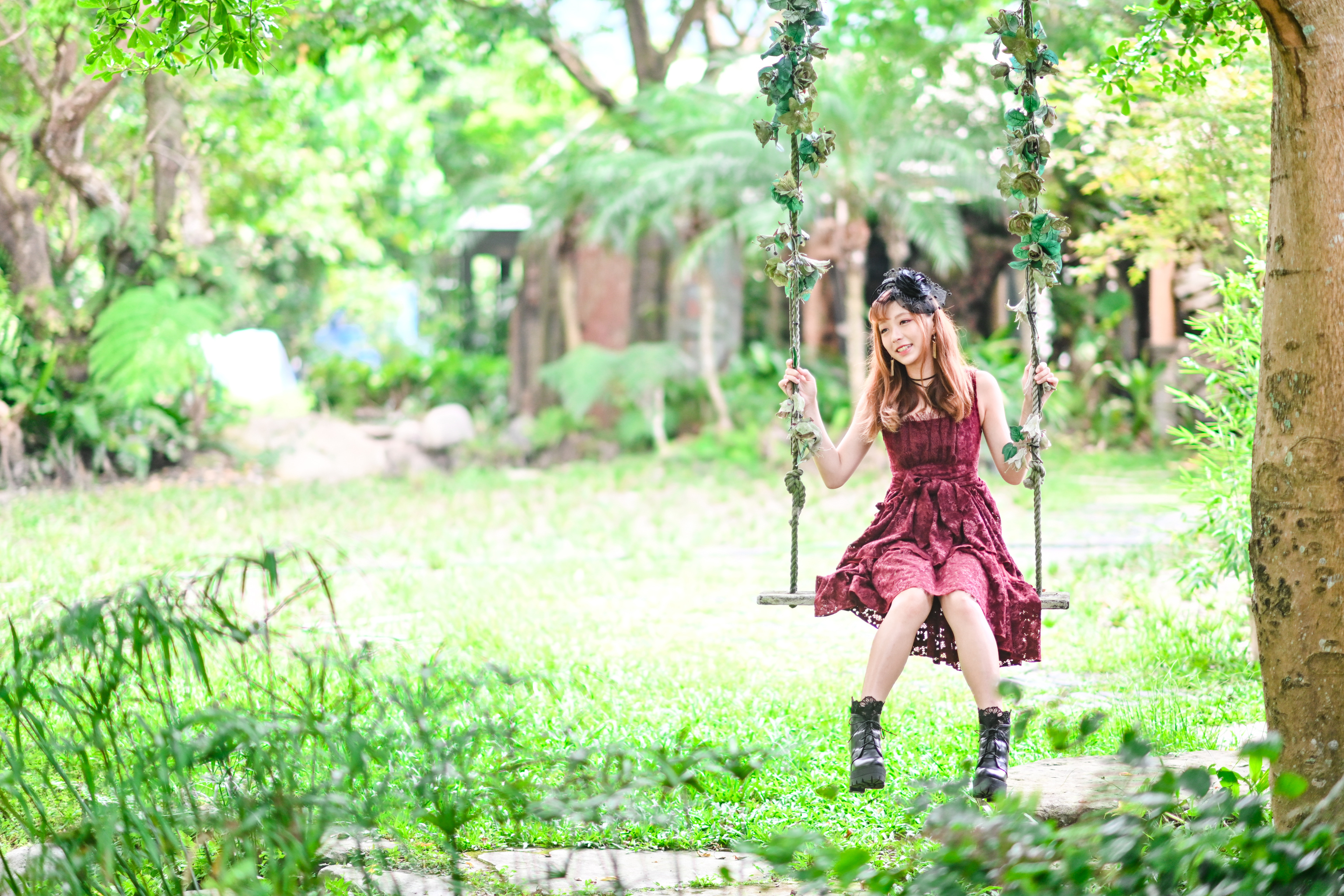 Asian Model Women Long Hair Dark Hair Sitting Trees Grass Swings 3840x2560