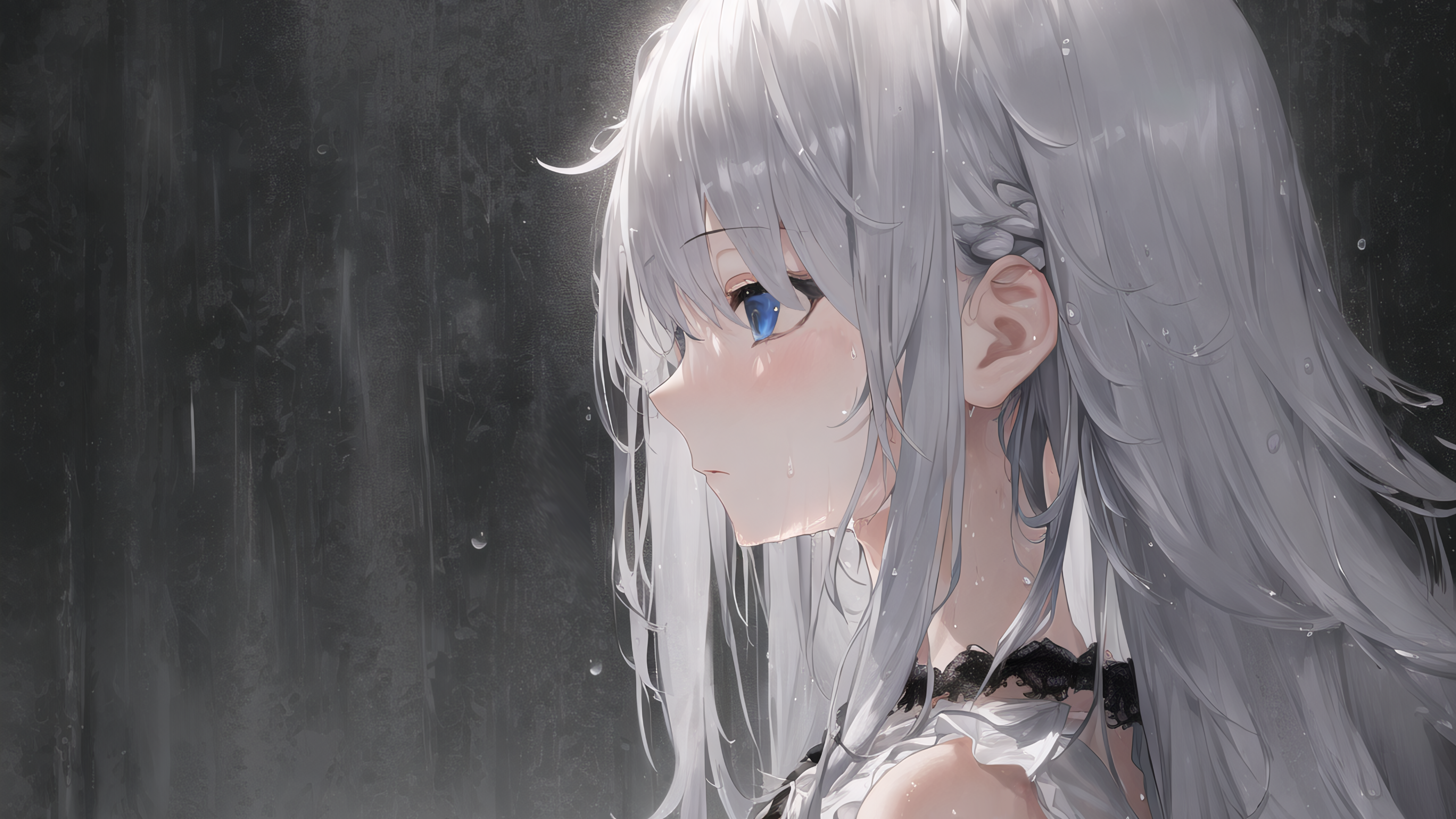 Anime Girls White Hair Blue Eyes Profile Simple Background Rain Water Drops Wet Blushing Long Hair A 3840x2160