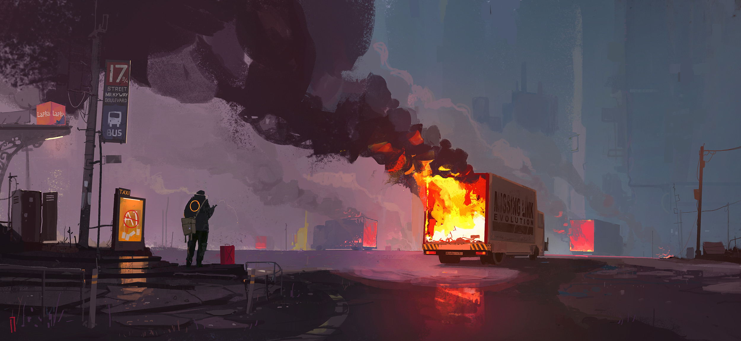 Ismail Inceoglu Digital Art Artwork Illustration Street Fire Smoke Truck Vehicle 2500x1150