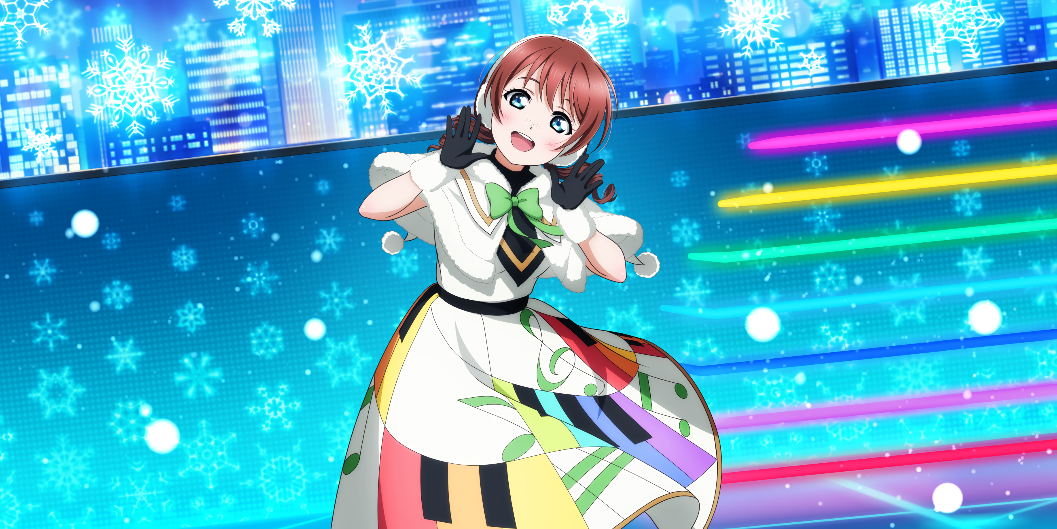 Emma Verde Love Live Blue Eyes Redhead Skirt Green Bow Musical Notes Snowflakes Blushing Looking At  3670x1836