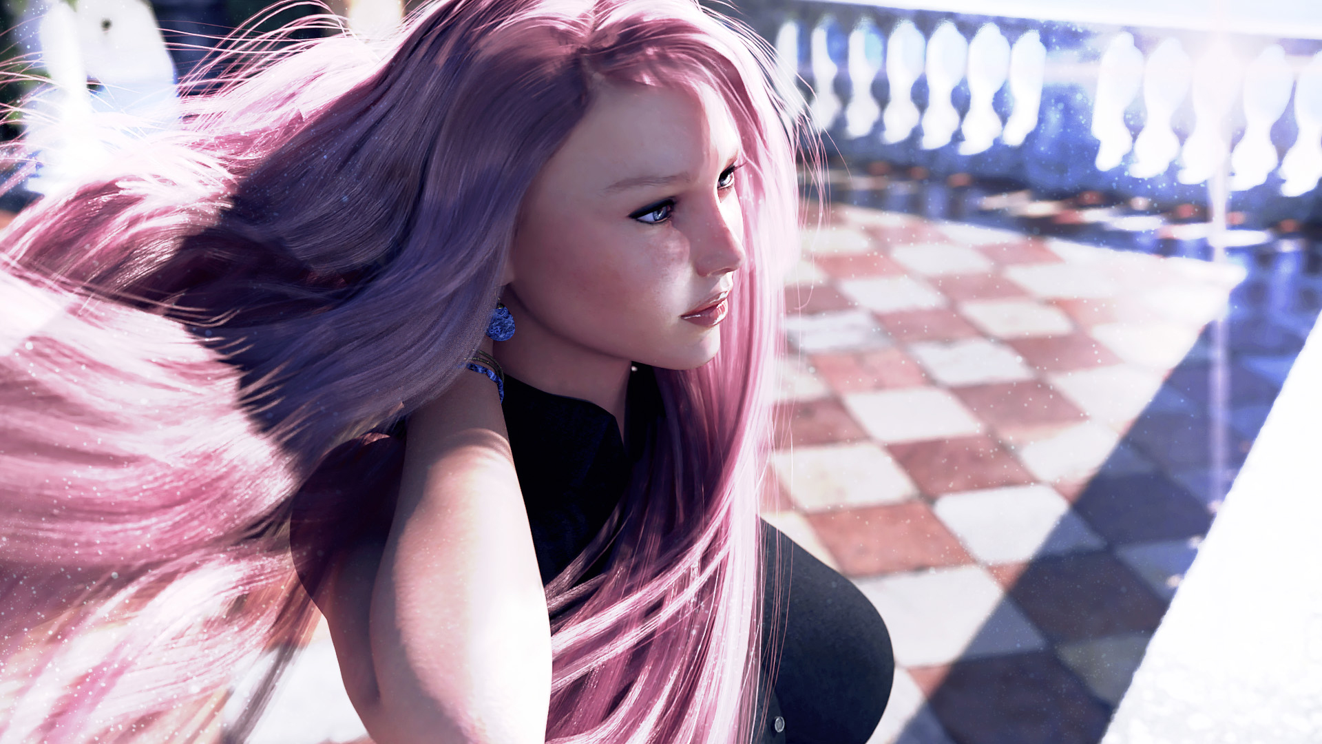 3D CGi Pink Hair Hands Above Head Lips Eyes Jewelry Black Clothing 1920x1080