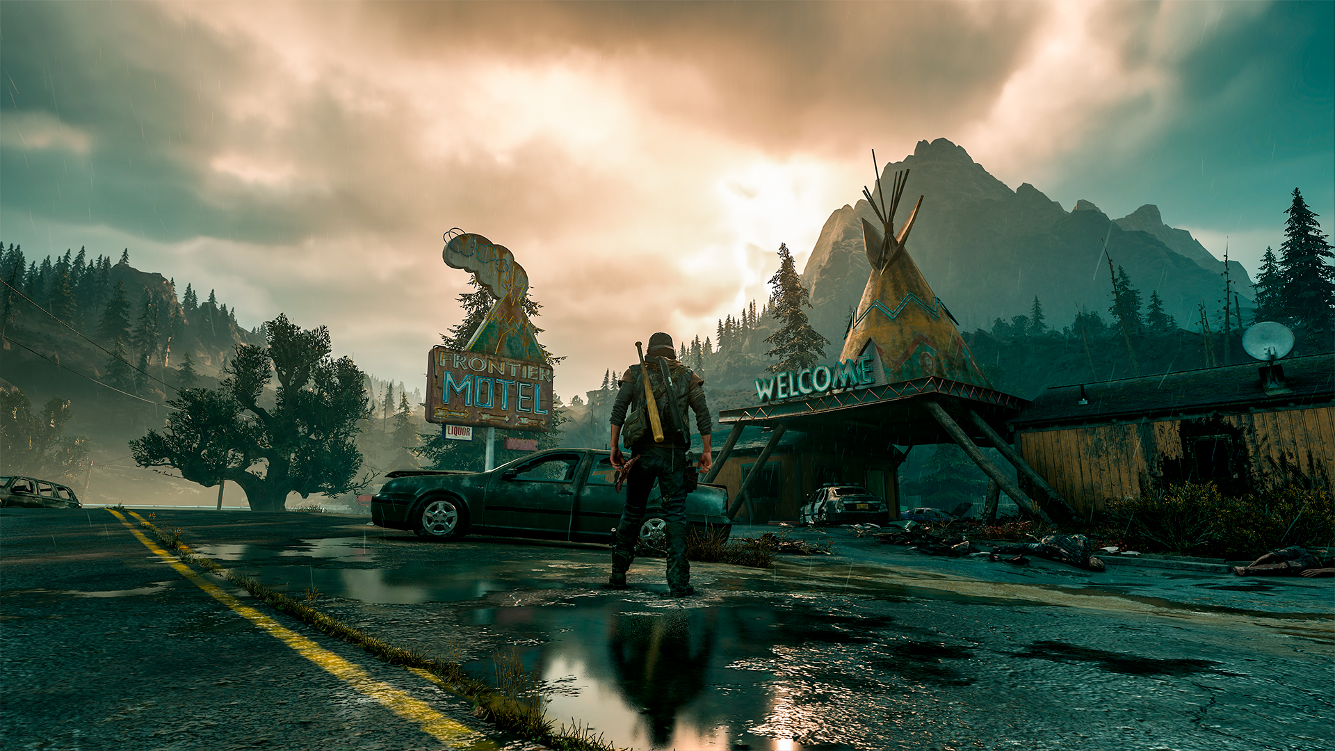 Days Gone Video Games Reflection Mountains Car Sky Clouds Video Game Art Video Game Man 1920x1080