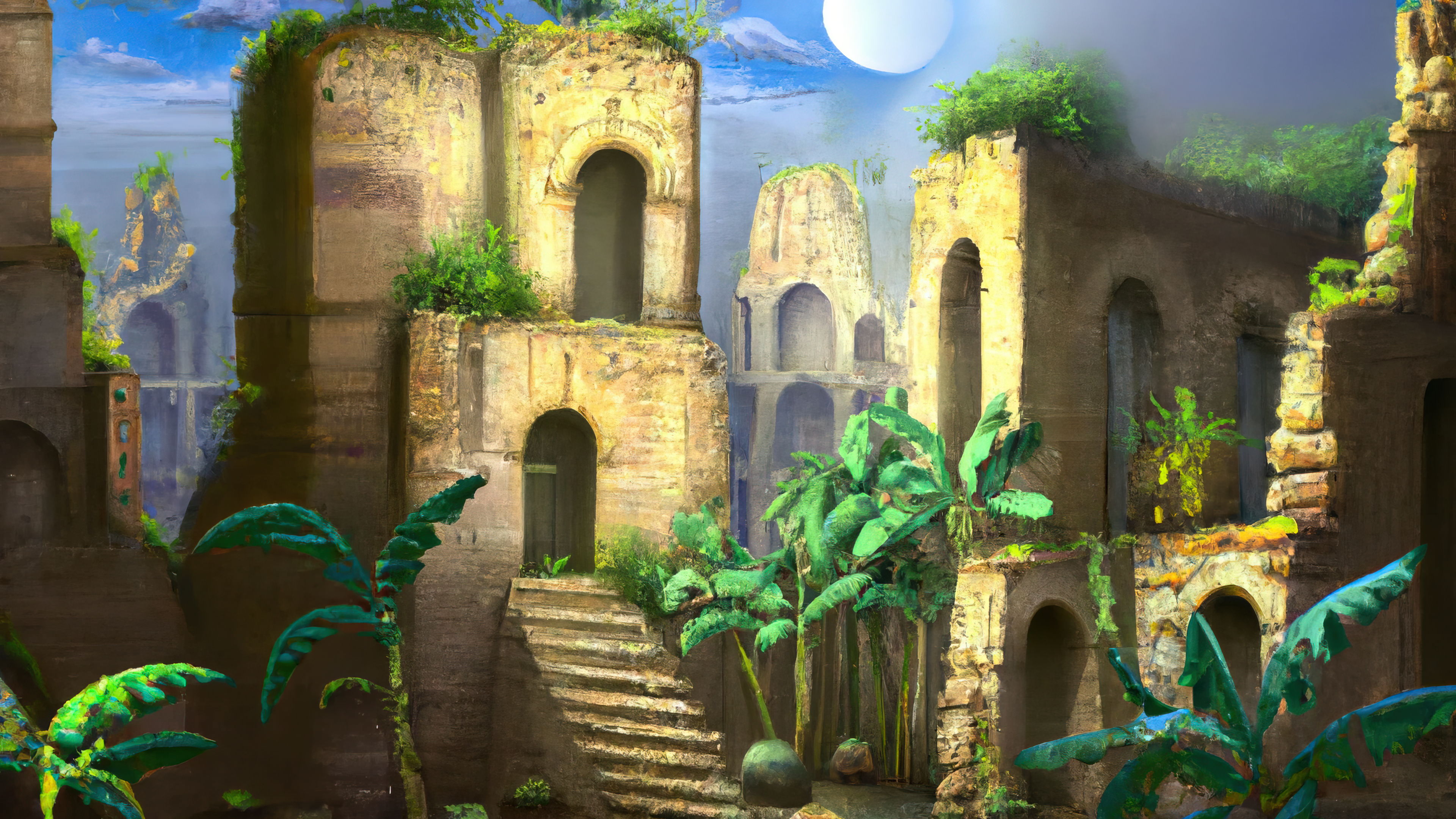 Ai Art Ai Painting Painting Fantasy Art Hanging Gardens Of Babylon Ancient City Tropical Ruins 3840x2160