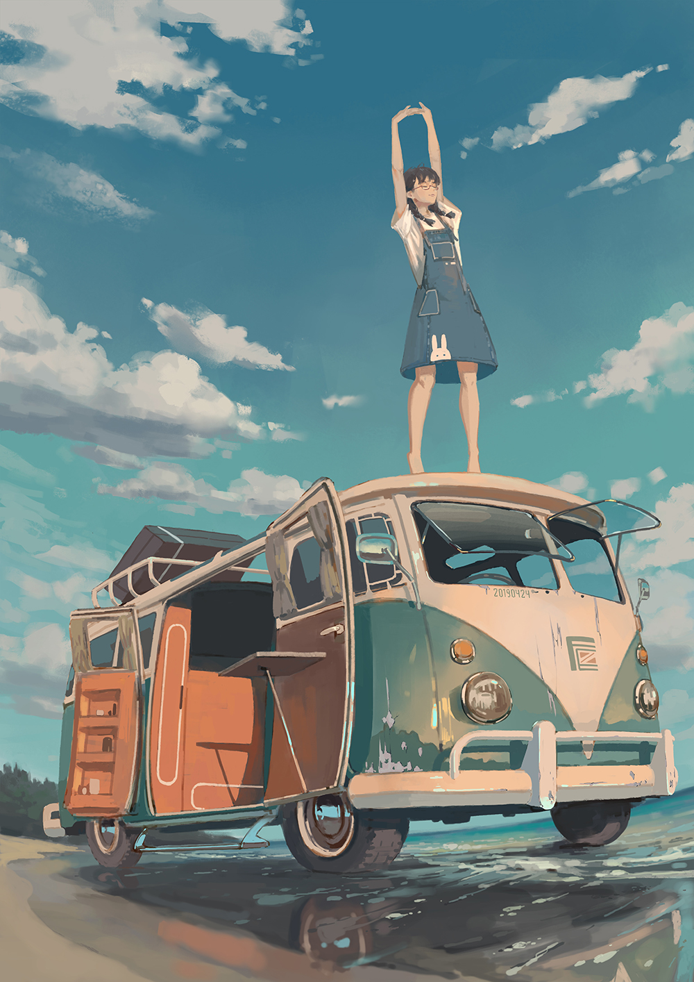 Pixiv Artwork Portrait Display Anime Girls Sky Clouds Vehicle Water Reflection Stretching Glasses Cl 1000x1414