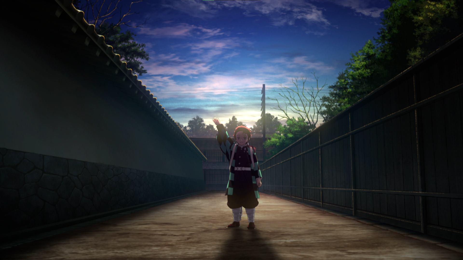 Kimetsu No Yaiba Anime Anime Screenshot Anime Boys Earring Kamado Tanjiro Waving Sky Clouds Standing 1920x1080