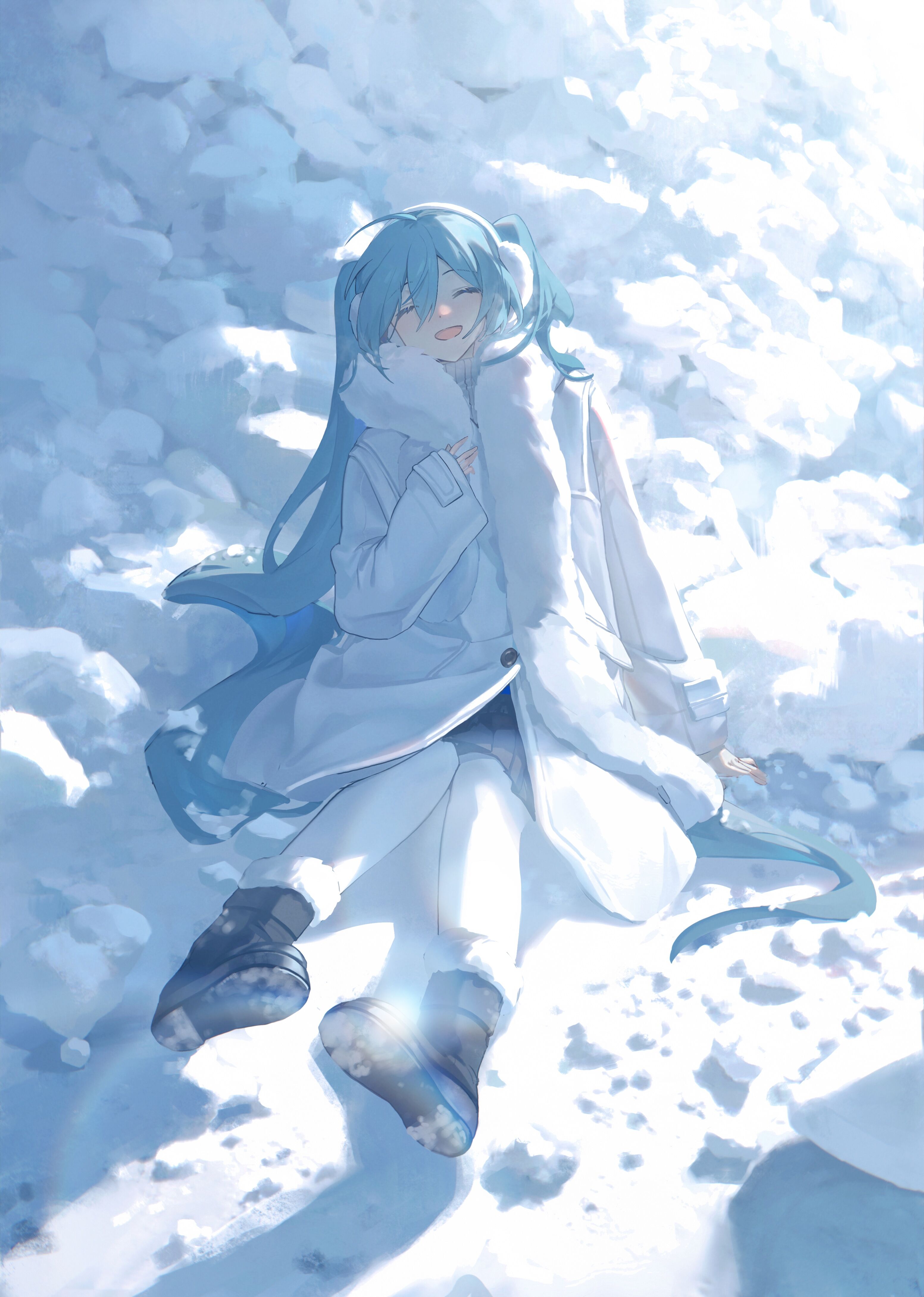 Pixiv Anime Snow Hatsune Miku Vocaloid Anime Girls Closed Eyes Winter Portrait Display White Long Ha 3105x4356