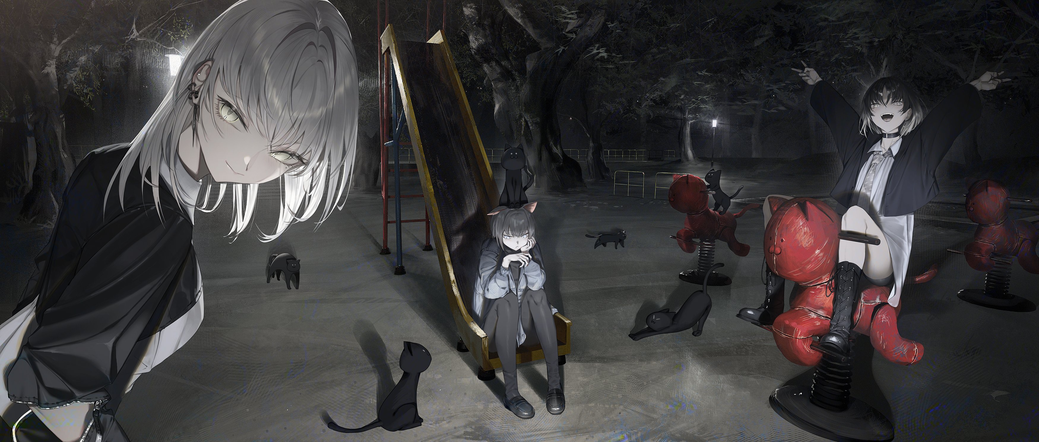 Black Cats Cats Playground Anime Girls 3500x1489