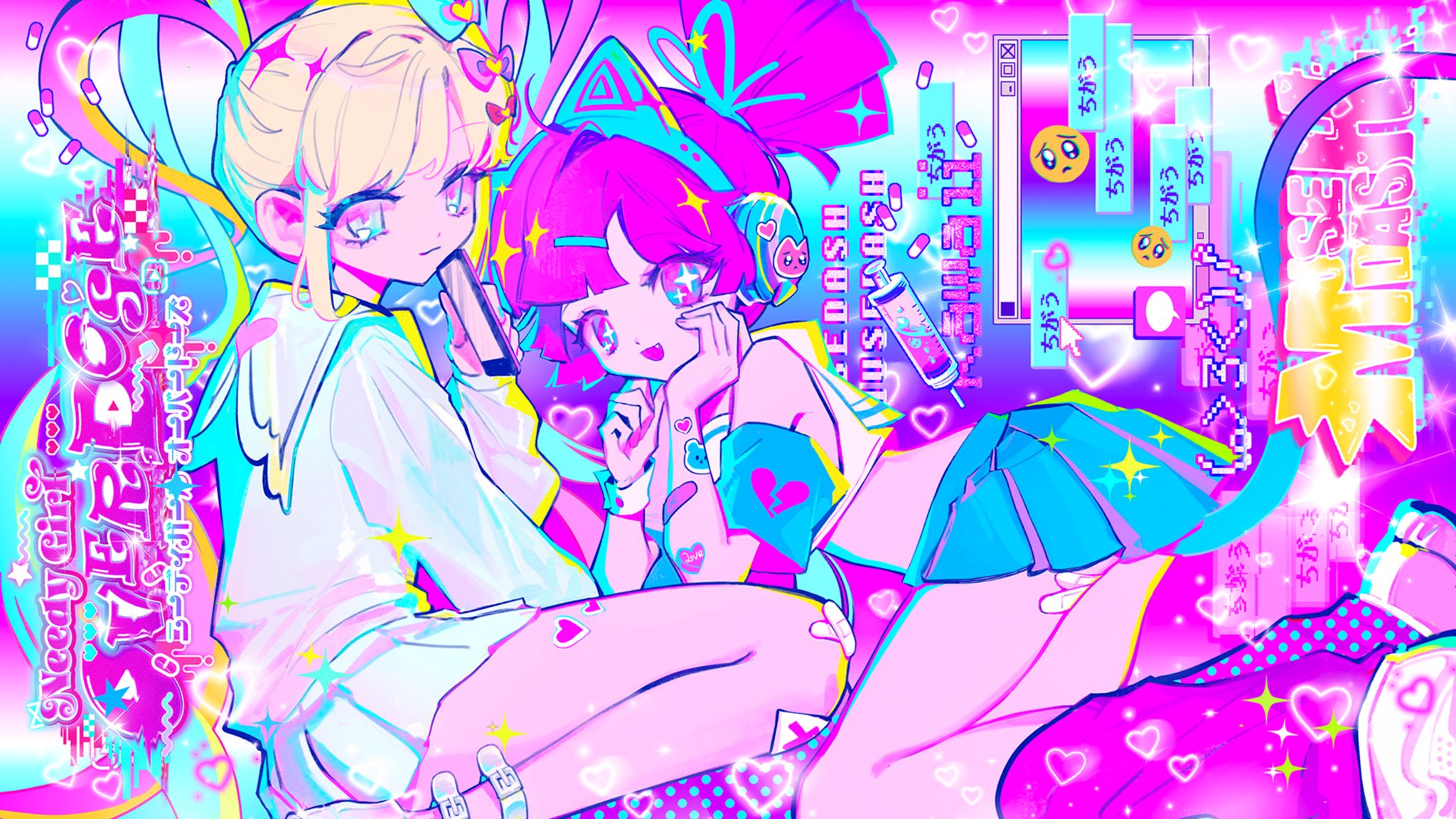 MuseDash Buro Marija Anime Girls Colorful Schoolgirl School Uniform Phone Star Eyes Heart Pills Need 2048x1152