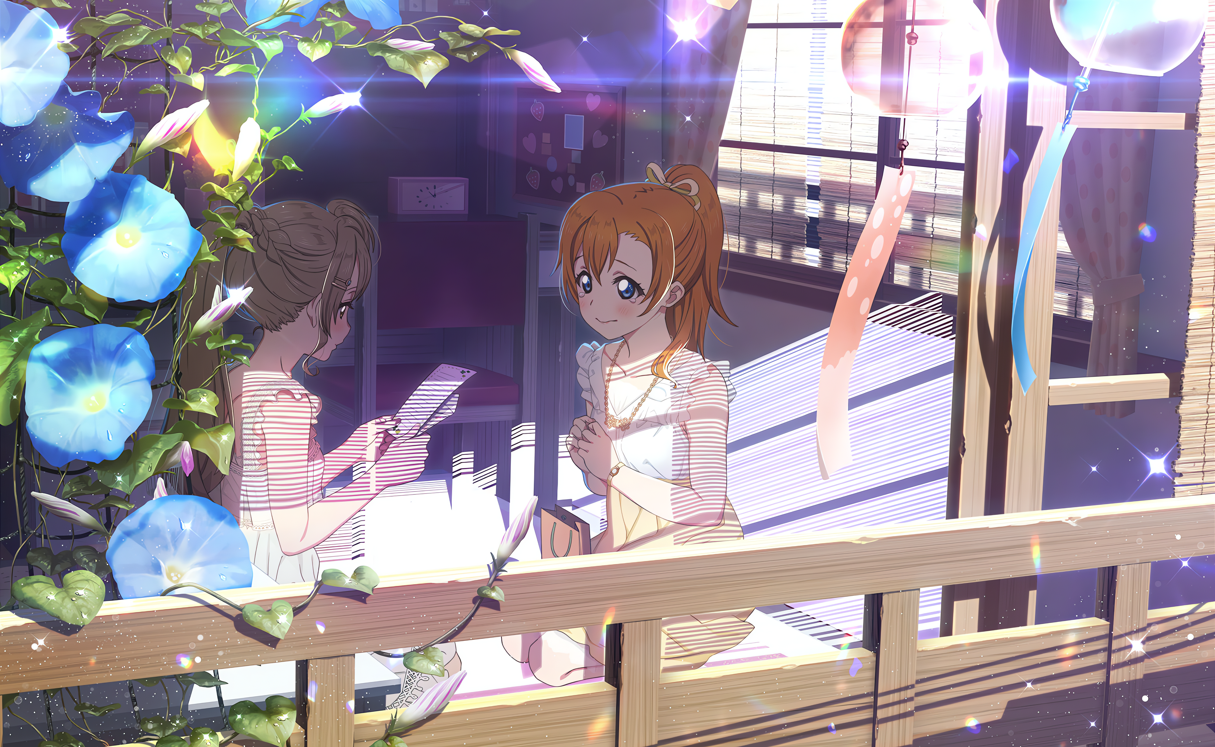 Kousaka Honoka Love Live Anime Anime Girls Blushing Tears Leaves Sunlight Stars Necklace Bag Flowers 4096x2520