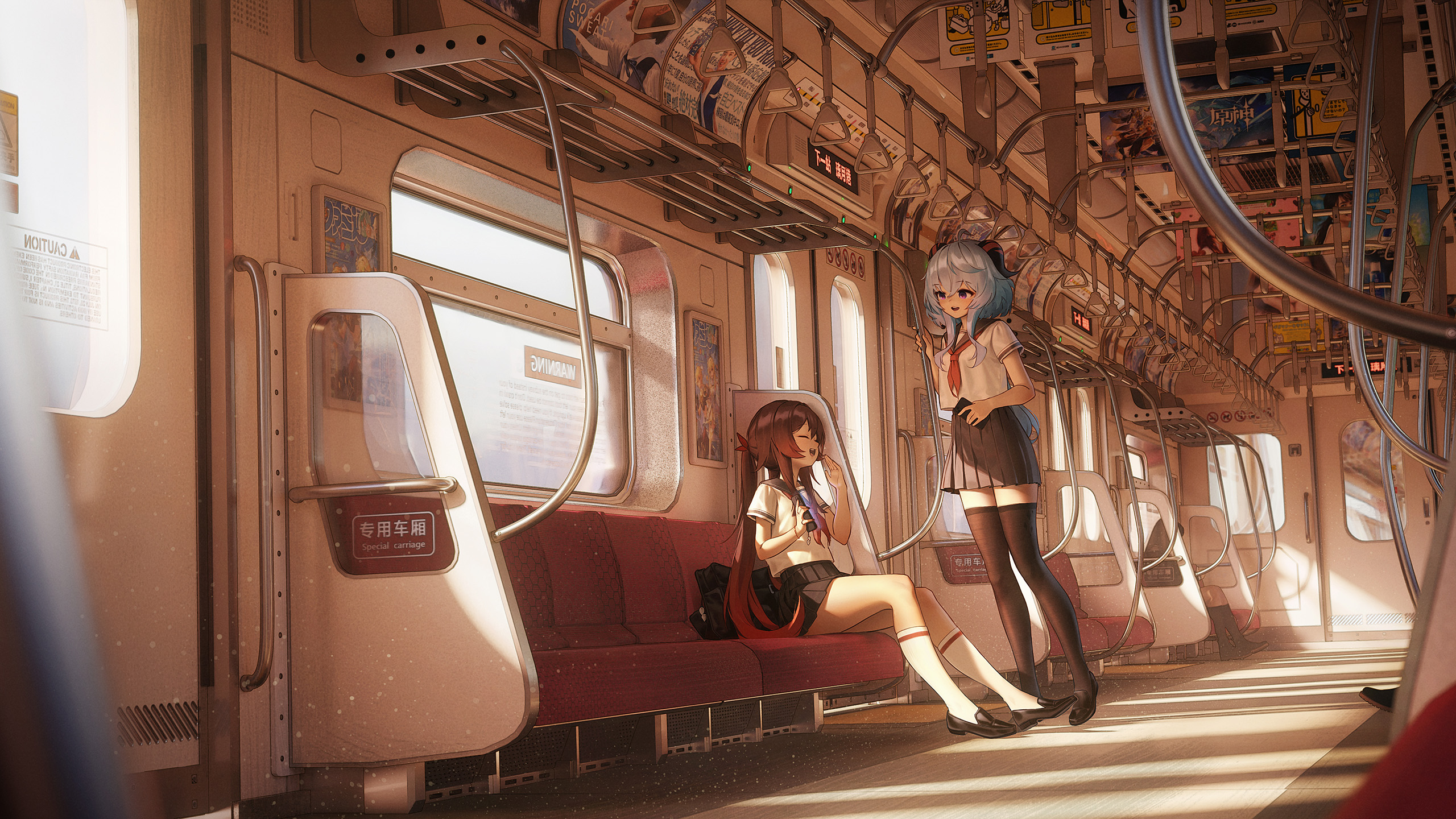 Anime Girls Sitting Artwork Anime Digital Art Train Sun Skirt Schoolgirl Genshin Impact Ganyu Genshi 2560x1440