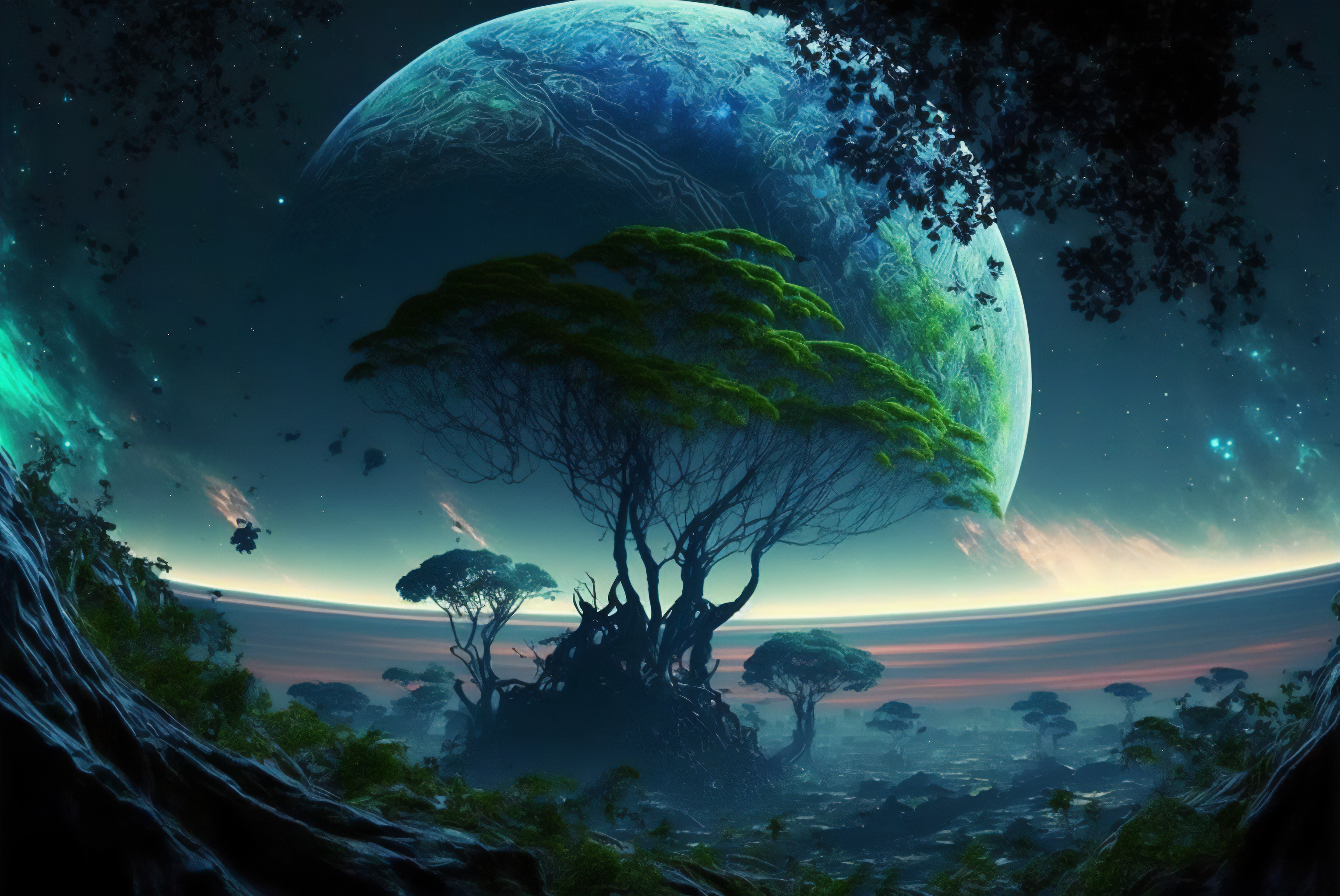 Ai Art Illustration Alien Planet Trees Moon Dawn 3060x2048